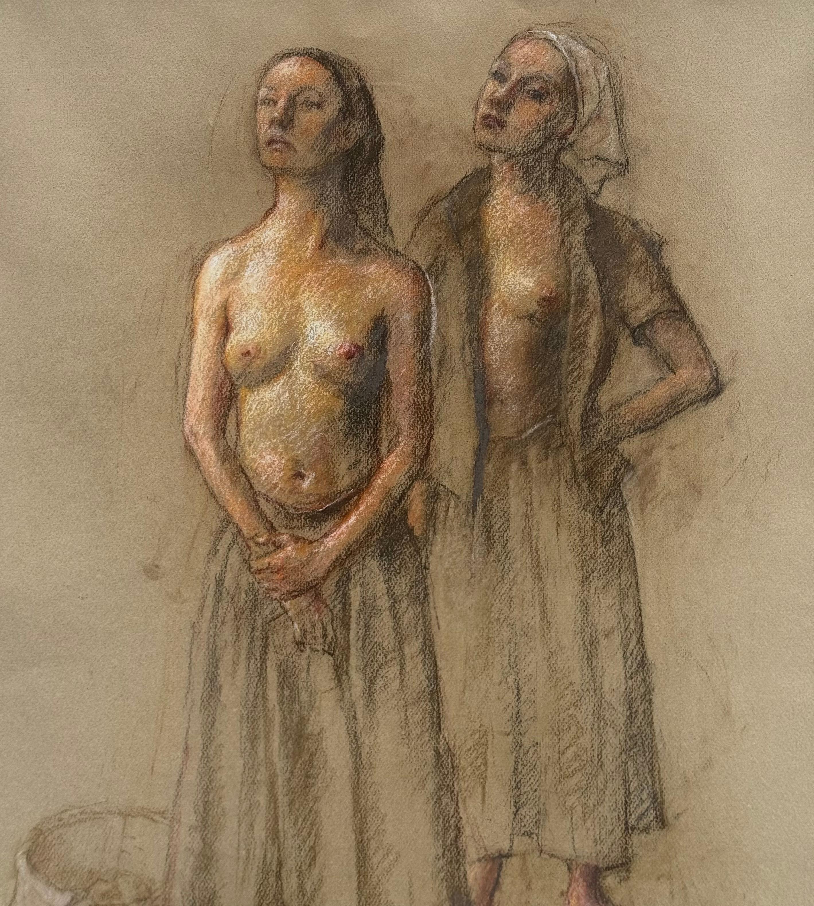 Original oil pastel on archival paper of two standing half nude figures. Signed by the artist lower right. Condition is very good, no issues. Original wood and gesso antiqued frame. Under glass. Original frame in fine condition. Overall framed