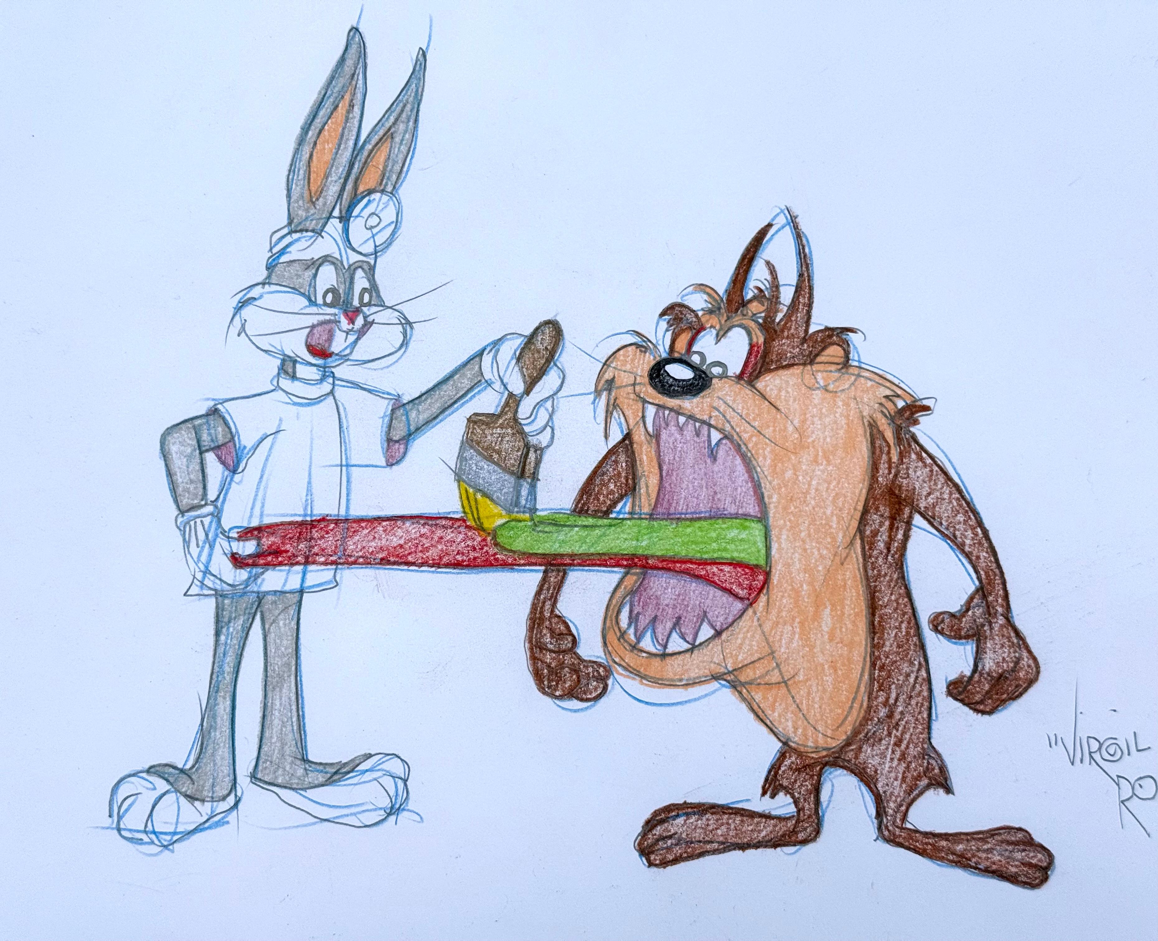 Se trata de un dibujo original de Bugs Bunny y el Diablo de Tasmania.  El dibujo está firmado por Virgil Ross, artista y dibujante estadounidense, abajo a la derecha Grafito, lápiz de color sobre papel de animación. Sin recortar. Alrededor de 1990.