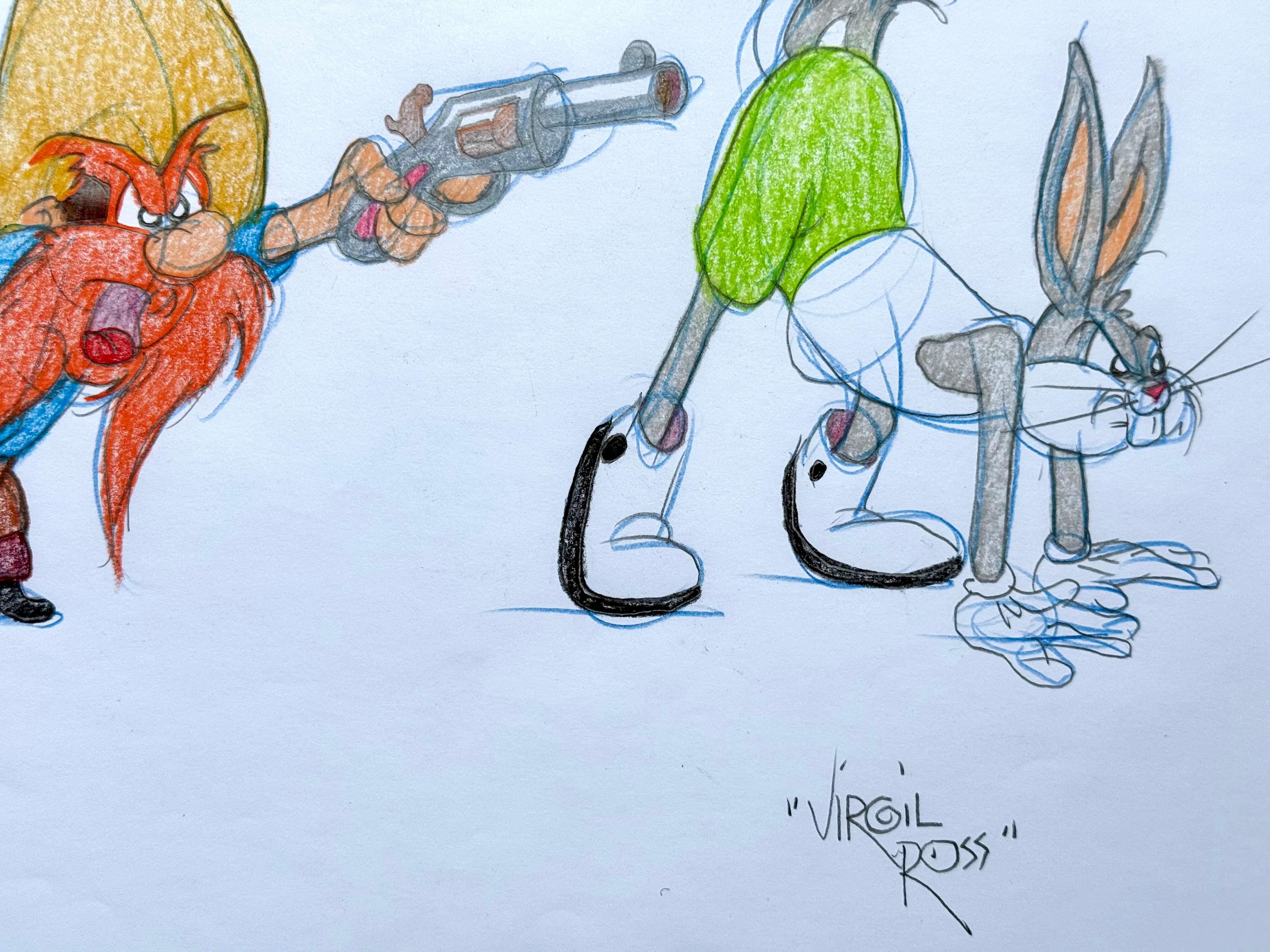 Se trata de un dibujo original de Bugs Bunny y Yosemite Sam.  El dibujo está firmado por Virgil Ross, artista y dibujante estadounidense, abajo a la derecha Grafito, lápiz de color sobre papel de animación. Sin recortar. Alrededor de 1990. El estado