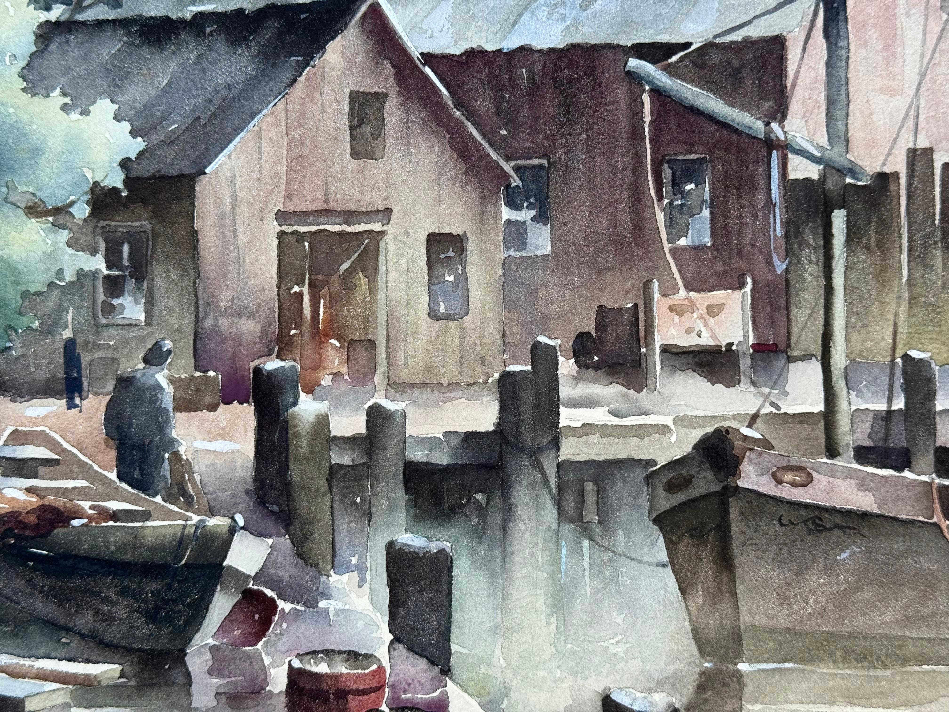 Original-Aquarell eines nebligen Morgens an den Docks von Gloucester von dem bekannten amerikanischen Künstler John Cuthbert Hare.  Signiert vom Künstler unten rechts.  Ca. 1940.  Der Zustand ist ausgezeichnet.  Zurzeit ungerahmt. Optionen für die