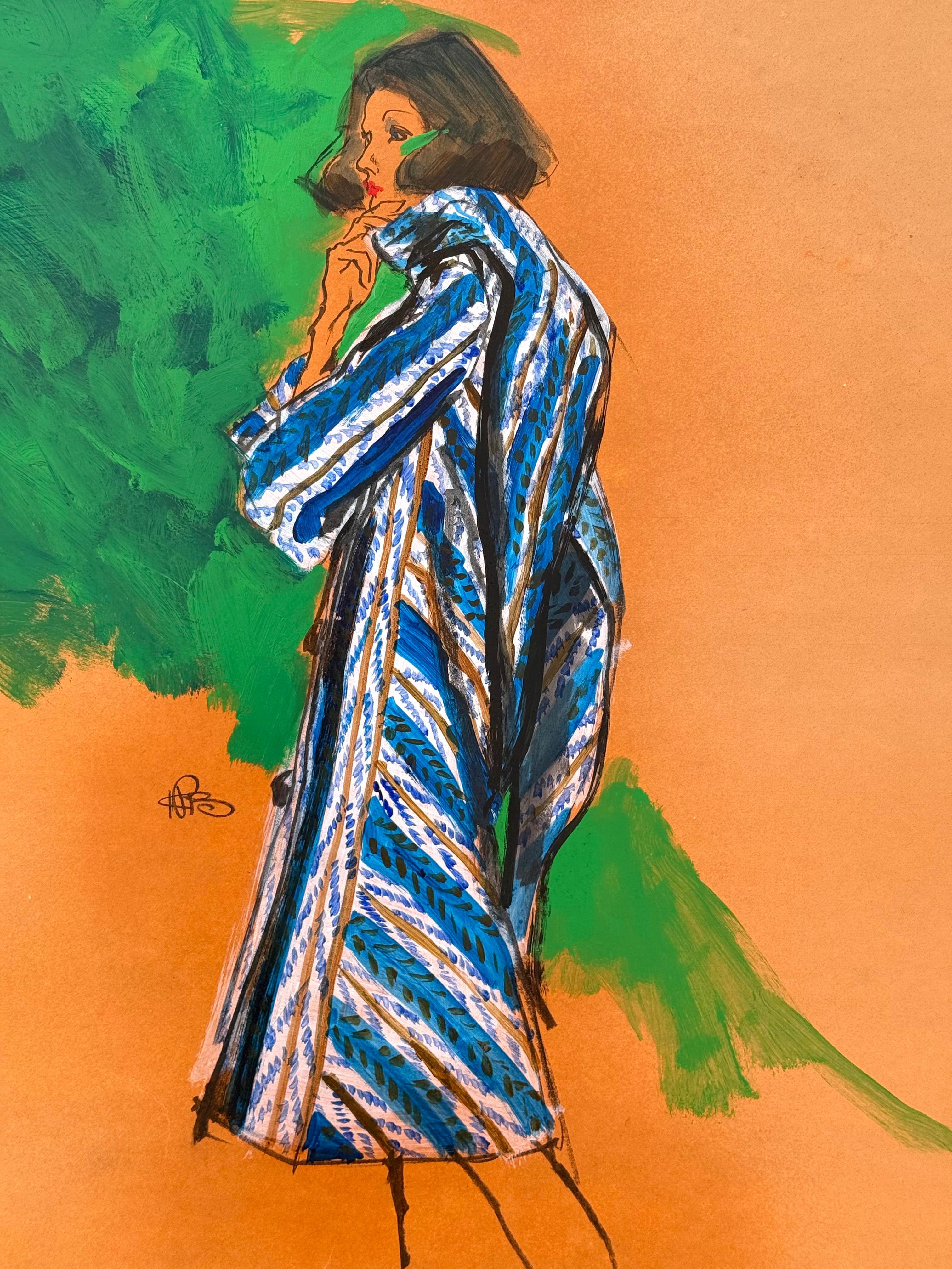 Here for your consideration is an original watercolor and gouache with traces of acrylic paint fashion illustration by the world renowned fashion artist, Kenneth Paul Block. Painted on orange card stock.  Fashion designer for this illustration on