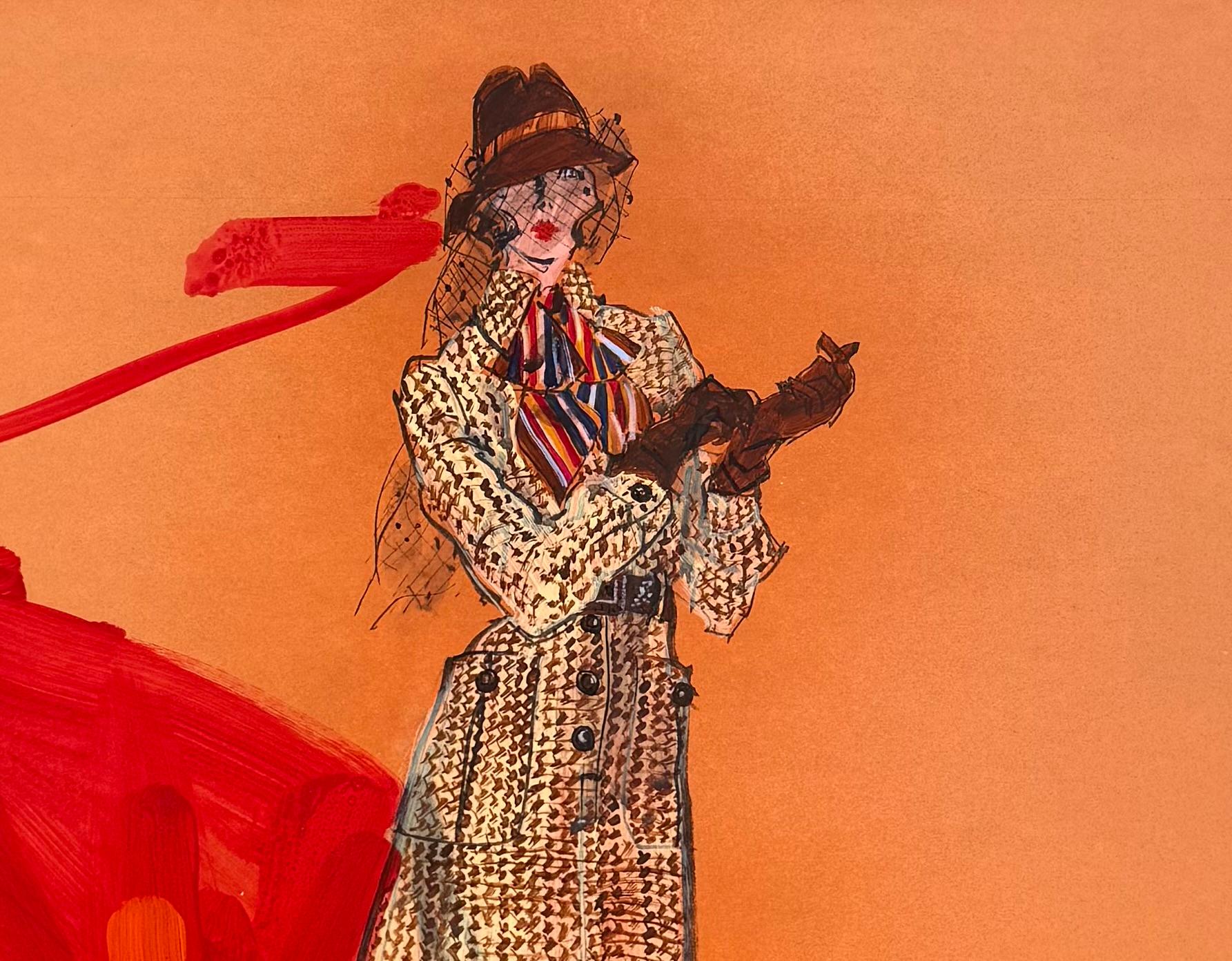 Here for your consideration is an original watercolor and gouache with traces of acrylic paint fashion illustration by the world renowned fashion artist, Kenneth Paul Block. Painted on orange card stock. Signed with initials middle left. Circa 1965.
