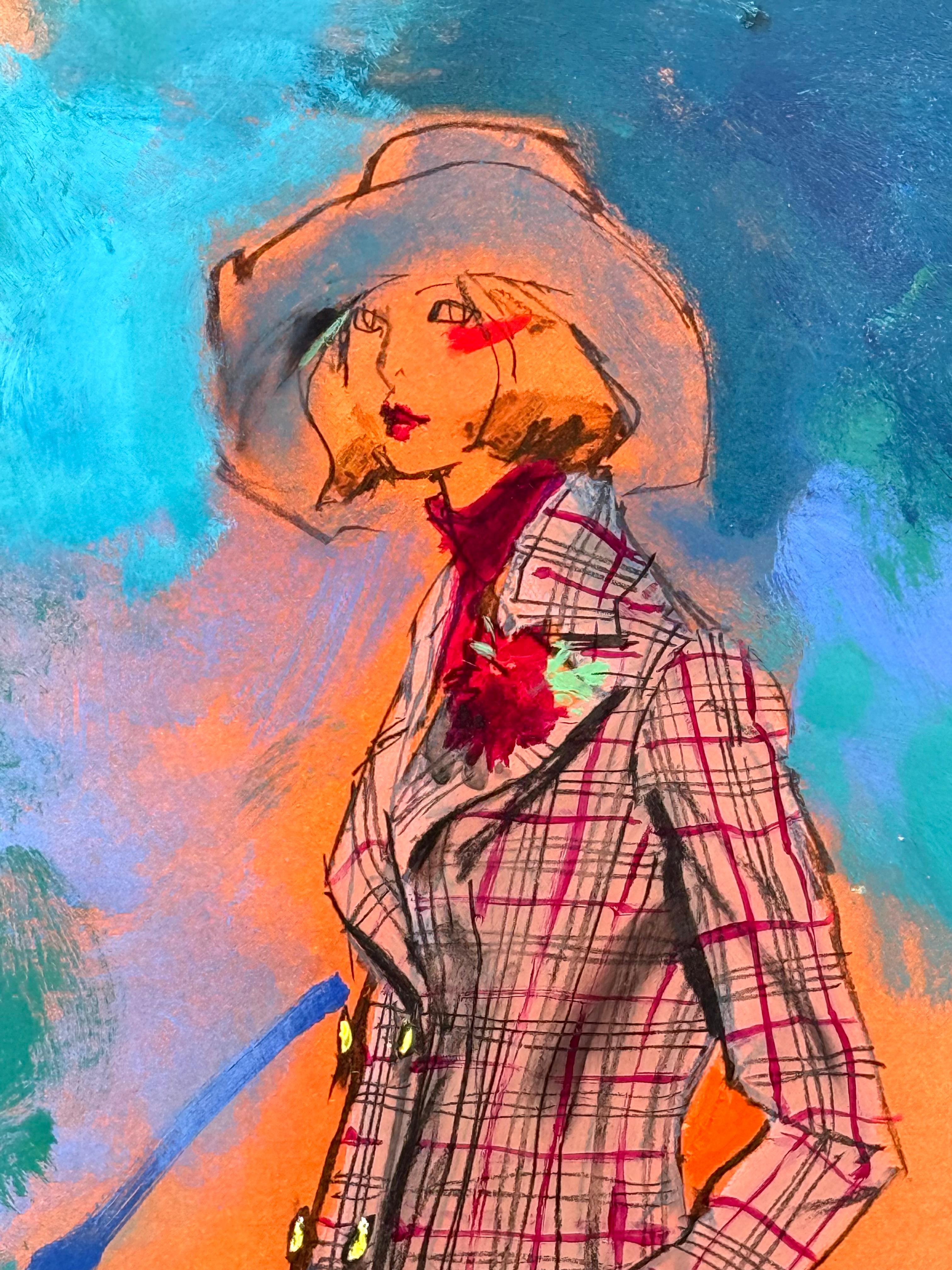 Here for your consideration is an original watercolor and gouache with traces of acrylic paint fashion illustration by the world renowned fashion artist, Kenneth Paul Block. Painted on orange card stock. Signed with initials middle left. Circa 1965.