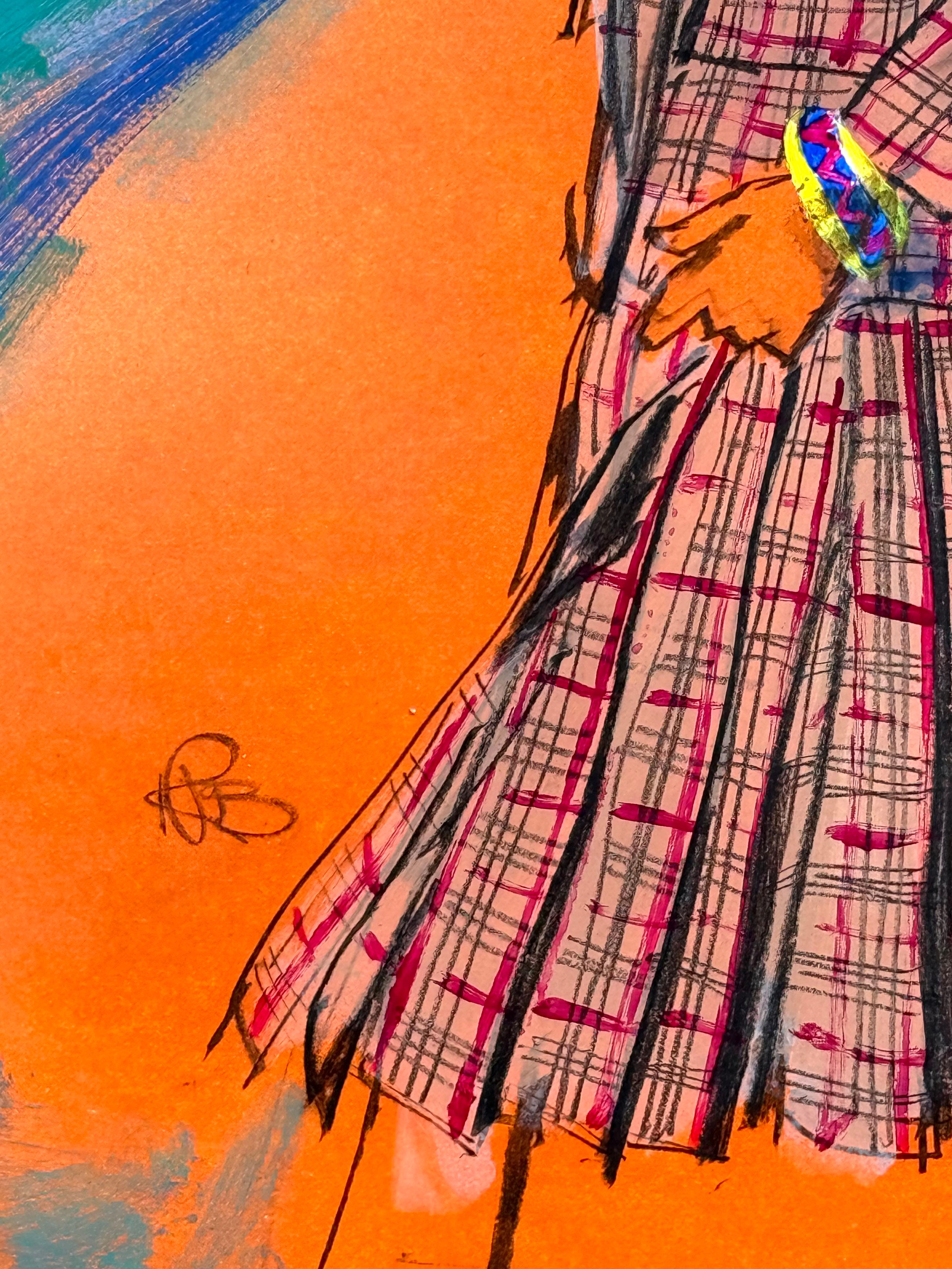 “Woman in Plaid” - Orange Figurative Art by Kenneth Paul Block