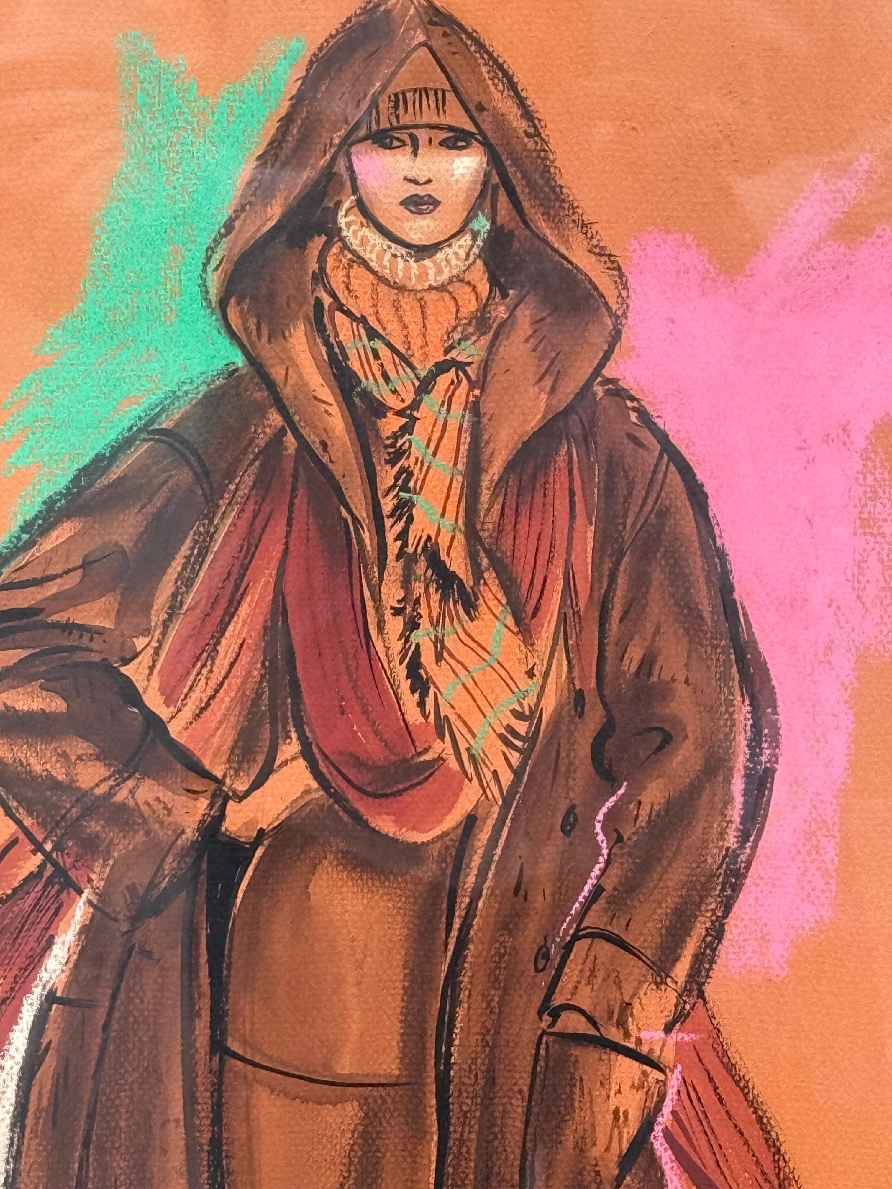 Original mixed media fashion illustration by the well known American artist, Maning Obregon.  Composed of watercolor, oil pastel and gouache on archival paper. Signed lower right “Maning” by the artist.  Condition is very good. Circa 1979.  Under