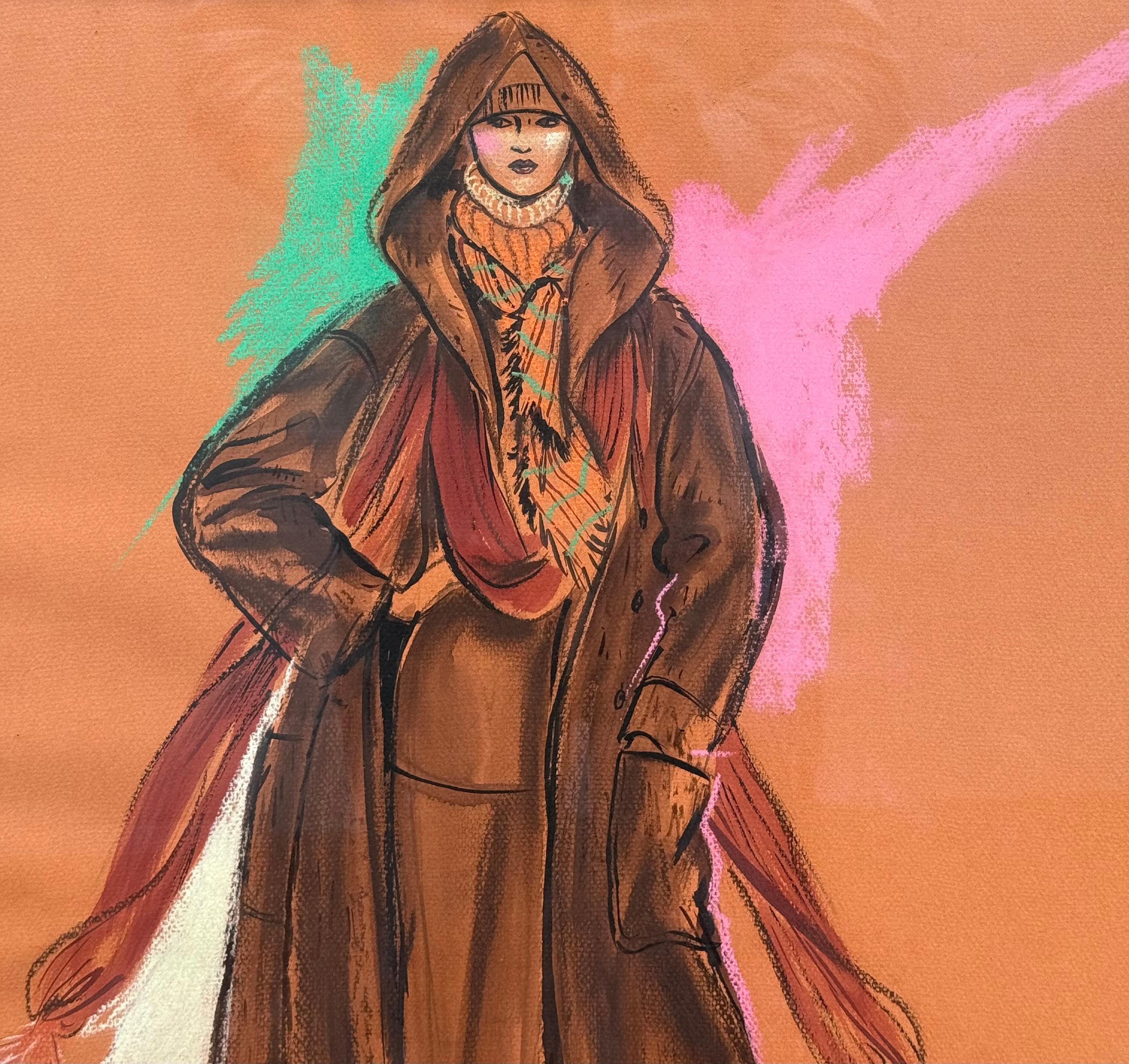 “Model in Hooded Coat” - Orange Figurative Art by Maning Obregon