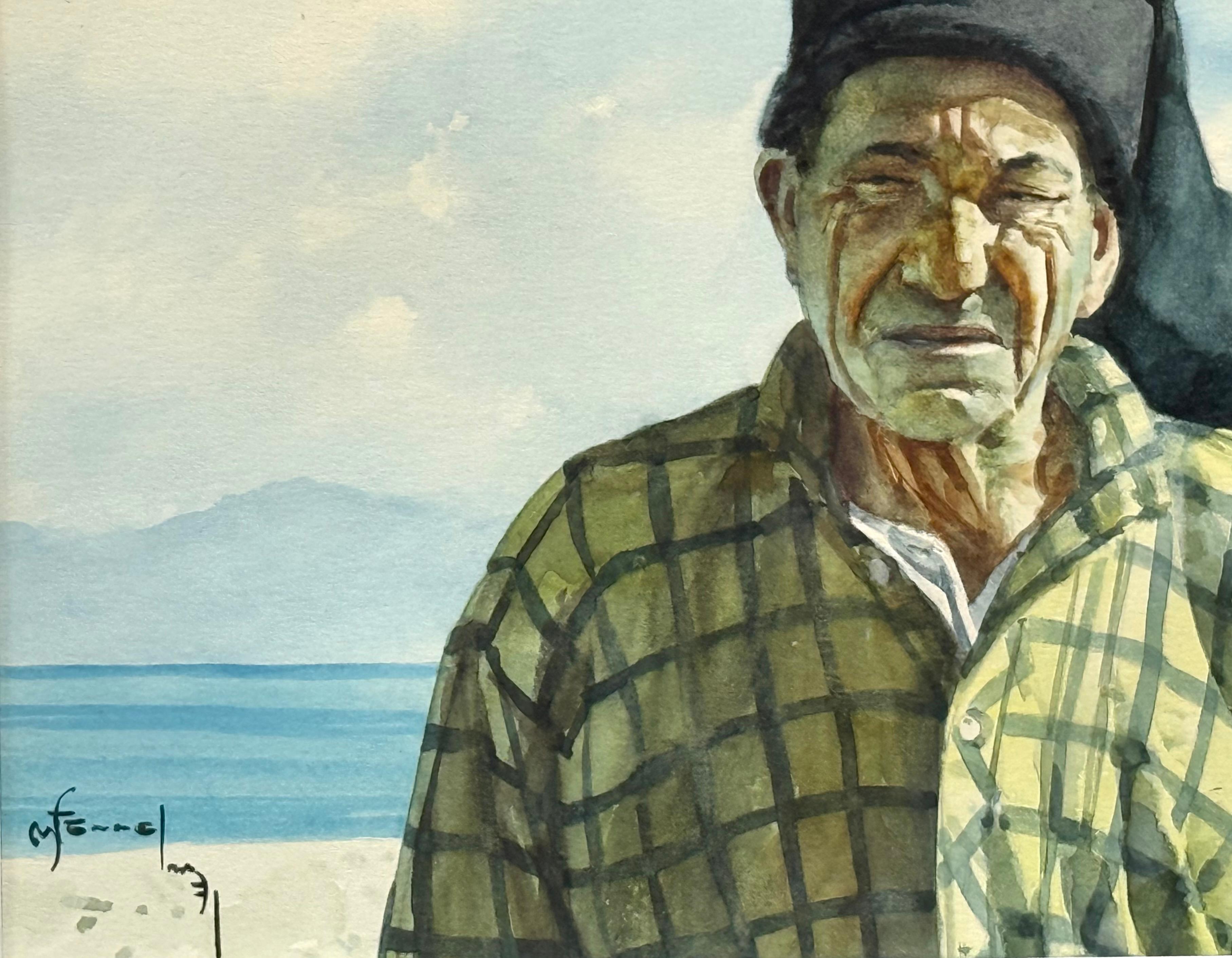 Acquerello originale su carta d'archivio di un pescatore portoghese con barche da pesca sullo sfondo. In stile accademico.  Grande dettaglio. Firmato dall'artista e datato 1971 in basso a sinistra. In base ai precedenti record d'asta, l'artista è