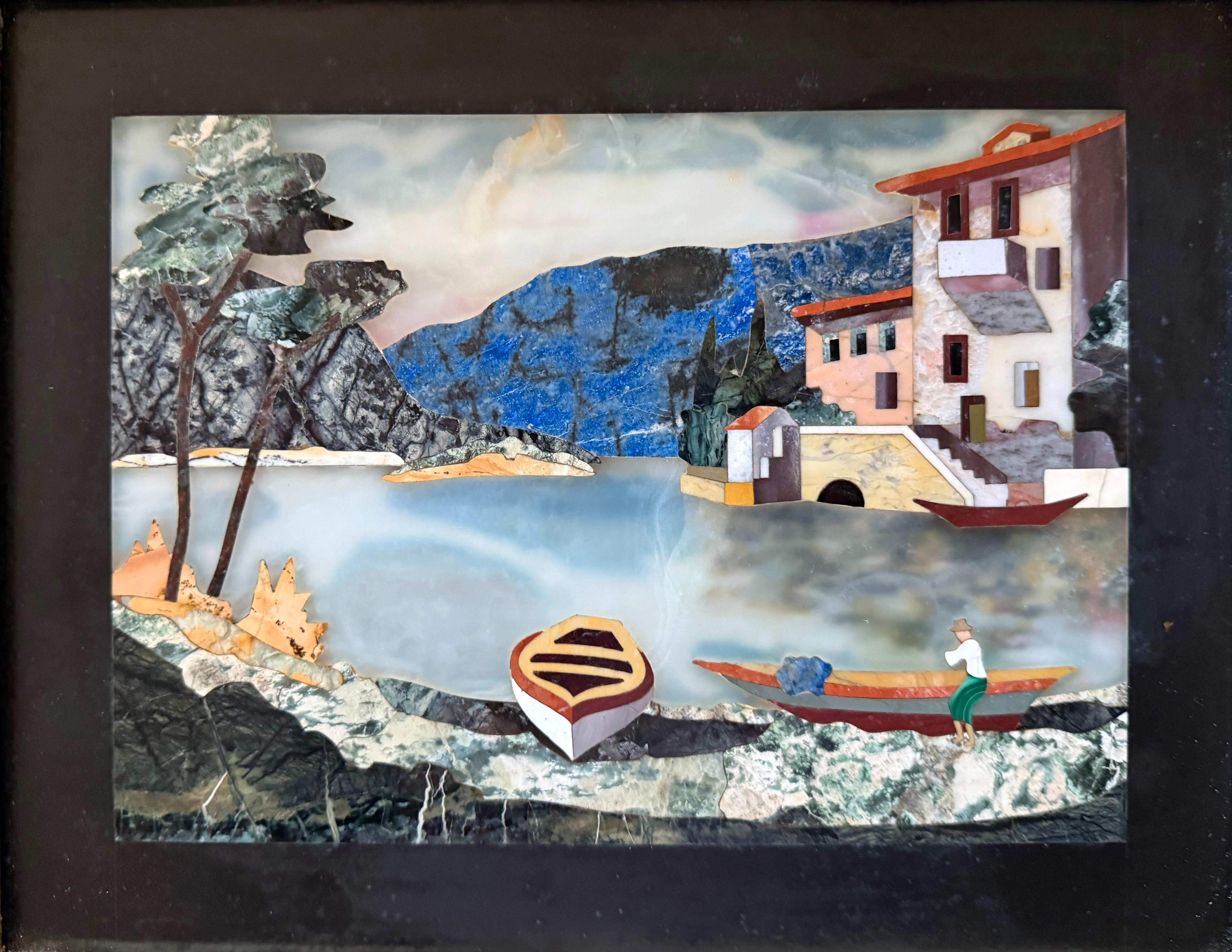 “Pietra Dura Lakeside Villa with Figure” - Art by G. Ugolini