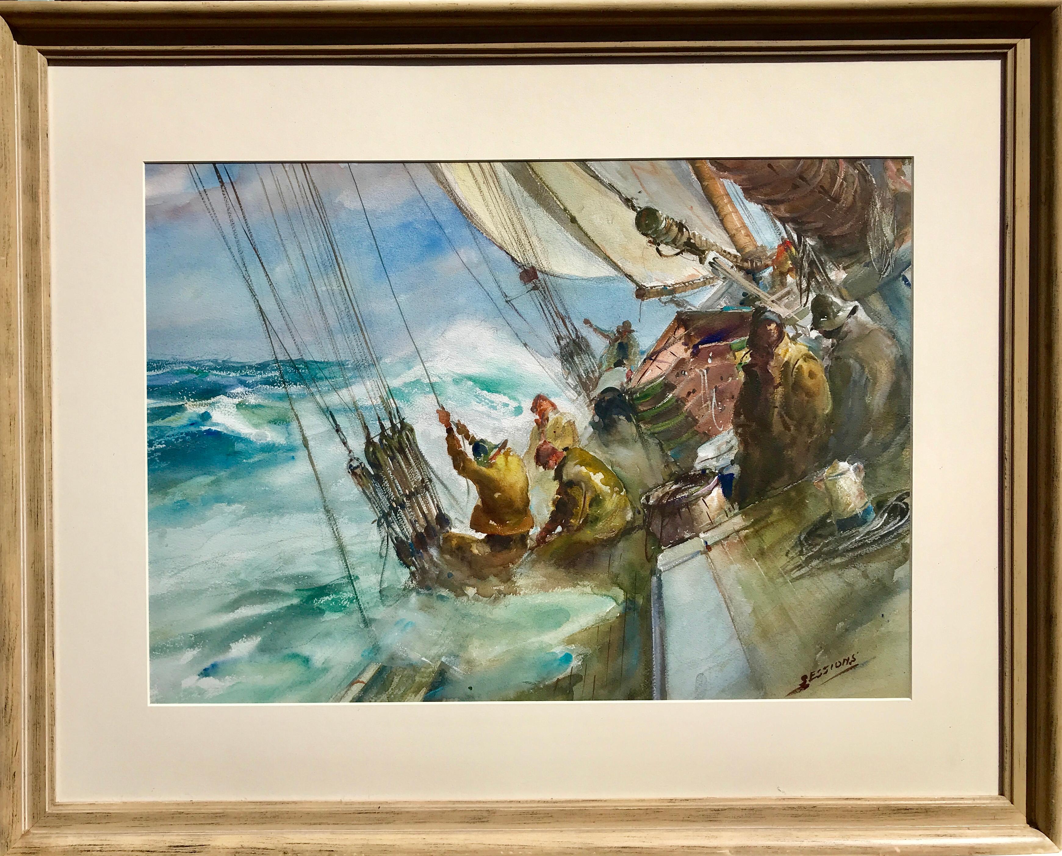 Watercolor on J. Whatman illustration board by the famous American marine artist, James Milton Sessions. Signed lower right.  Circa 1940.  In very good condition with original frame and matting.  Sight size of artwork is 20 by 28 inches. Size of