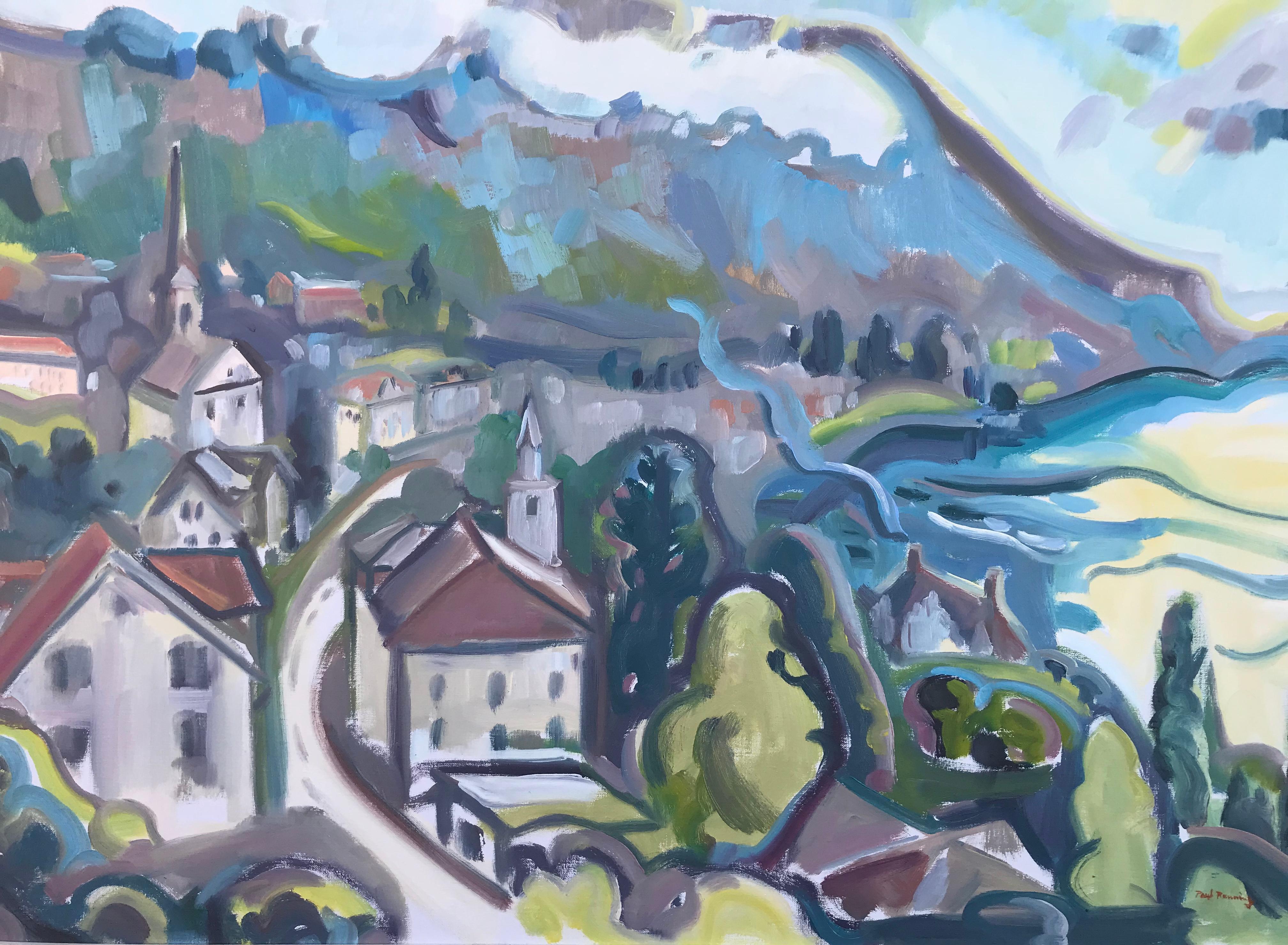 “Town on Lake Lucerne” - Post-Modern Painting by Paul D. Running
