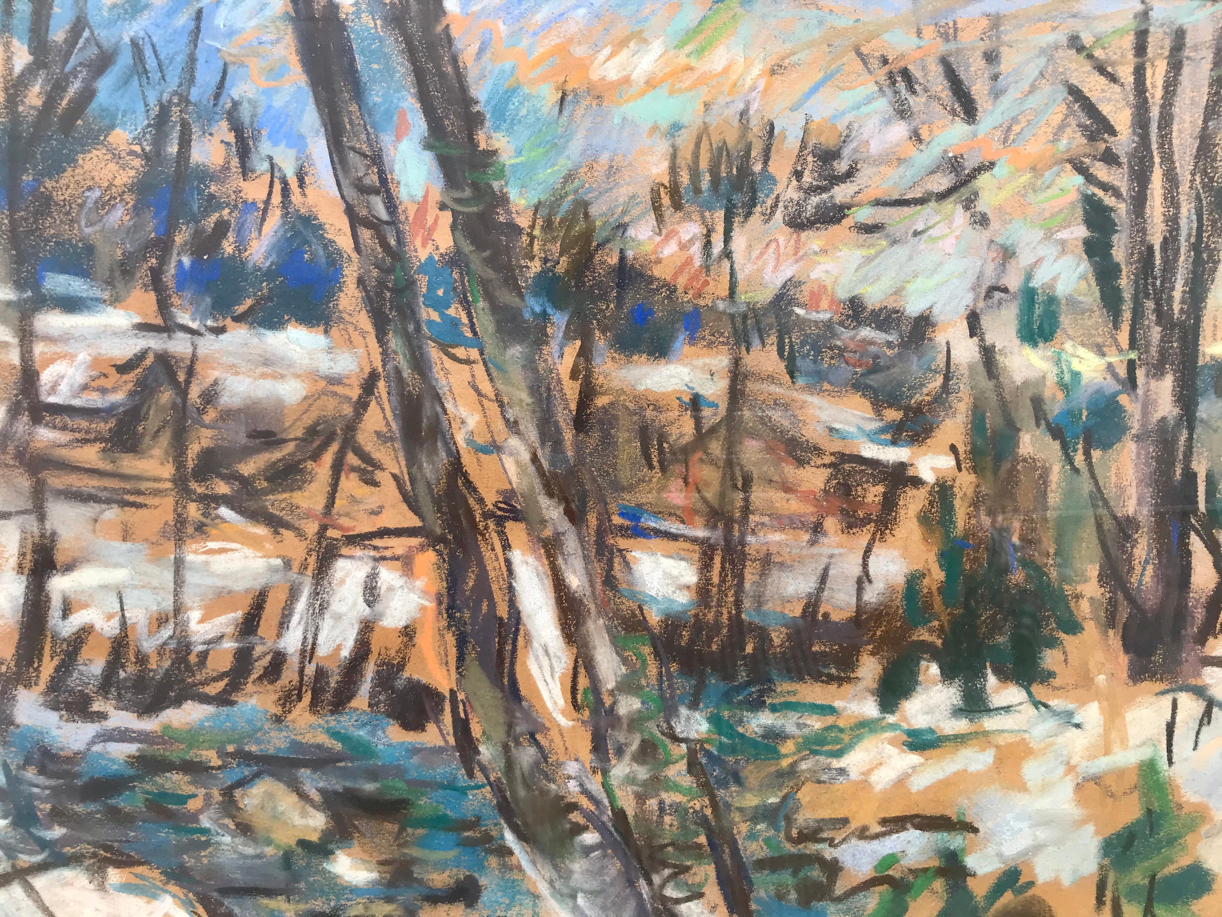 Karl Gerber was born in 1912 and died in 1974.  He specialized in scenes of the Swiss countryside, both in mixed media and oils.

Mixed media of watercolor, gouache and oil pastel on brown paper by the Swiss artist, Karl Gerber.  Signed lower right