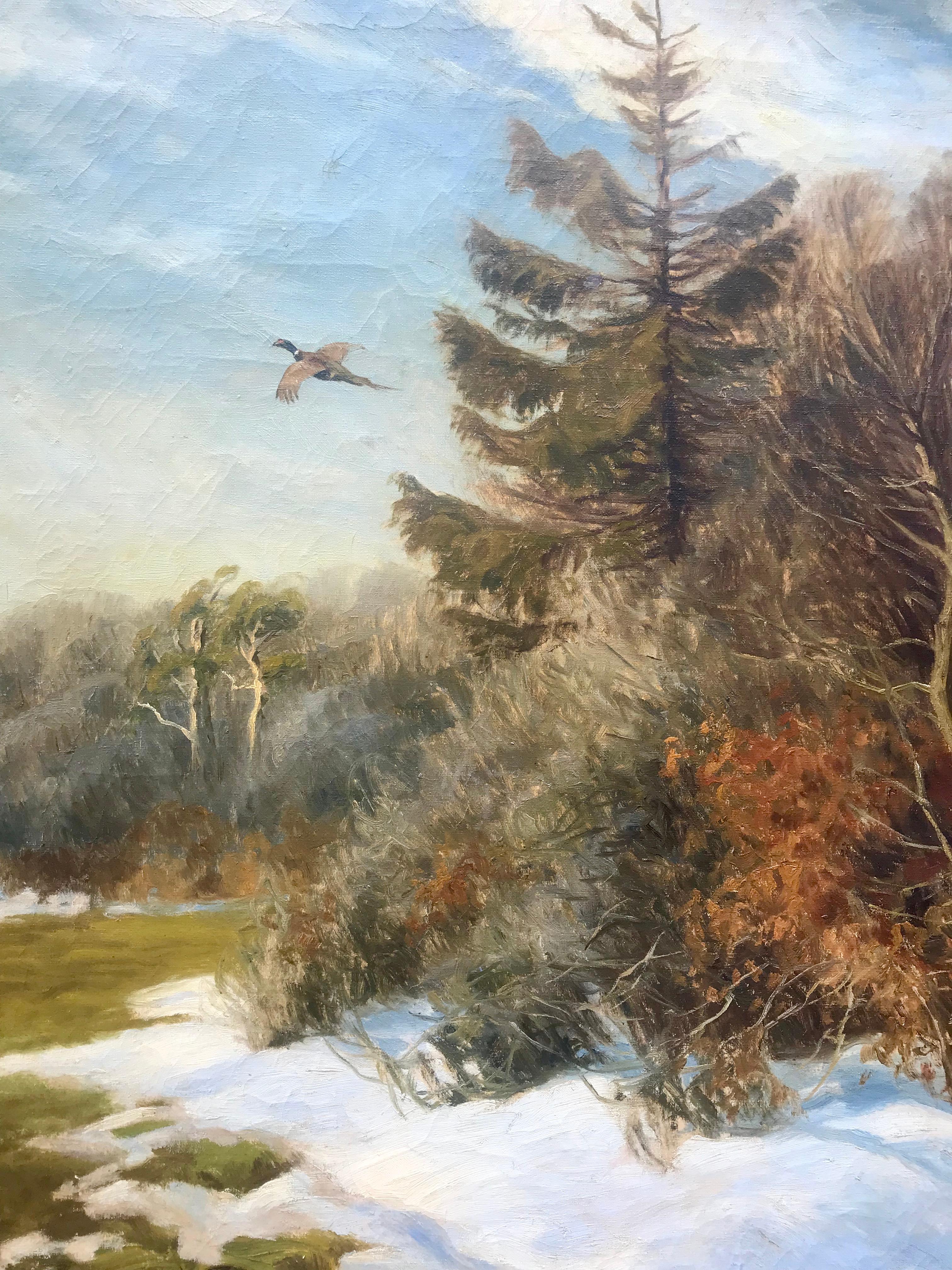 “Pheasant in Flight” - Gray Landscape Painting by Carl Hoyrup