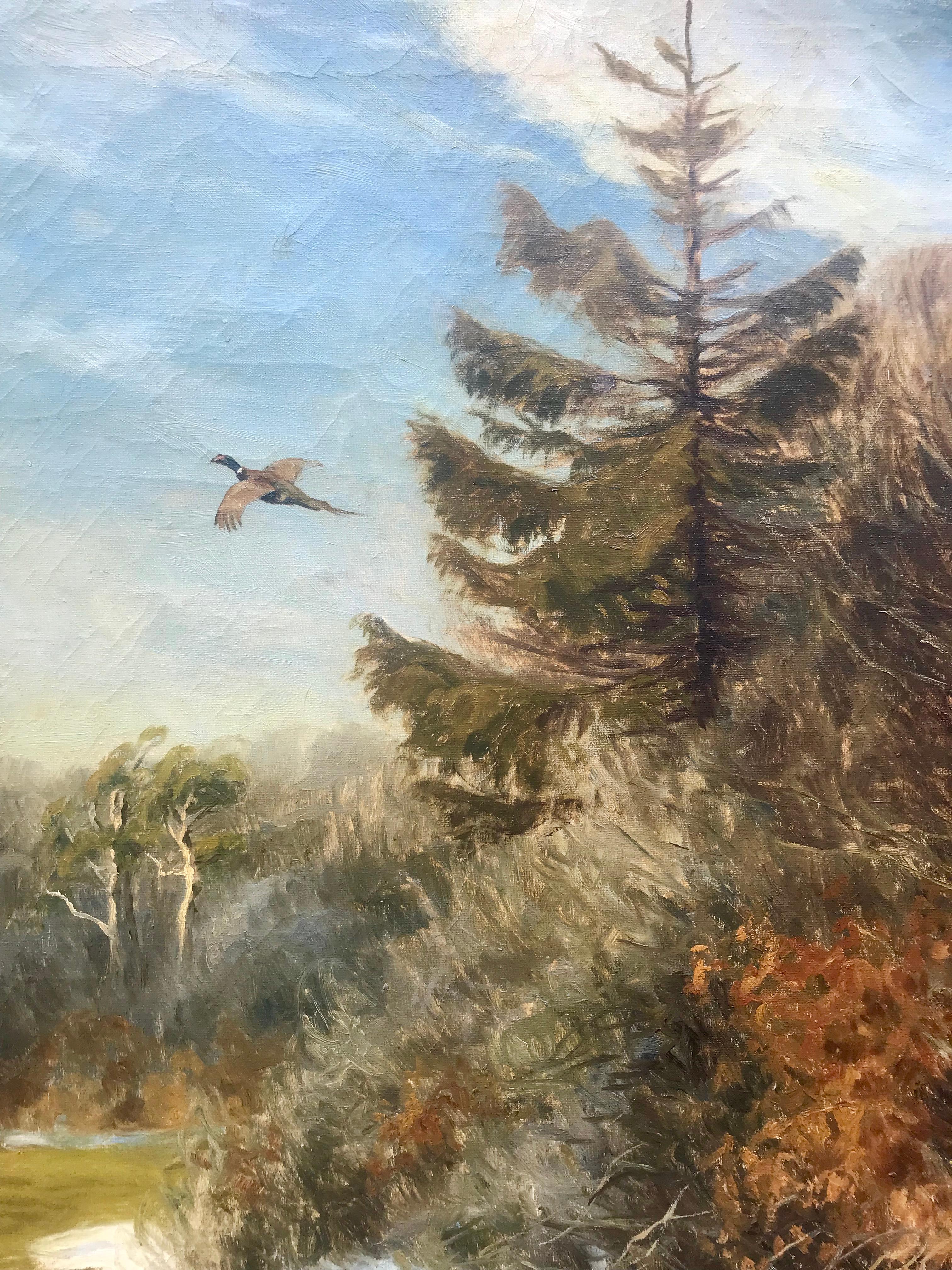Large impressive painting of a pheasant in flight by the listed Danish artist, Carl Hoyrup.  Signed lower left.  Condition is good. Circa 1935.  Overall in walnut stained original wood frame 41.5 by 35 inches.