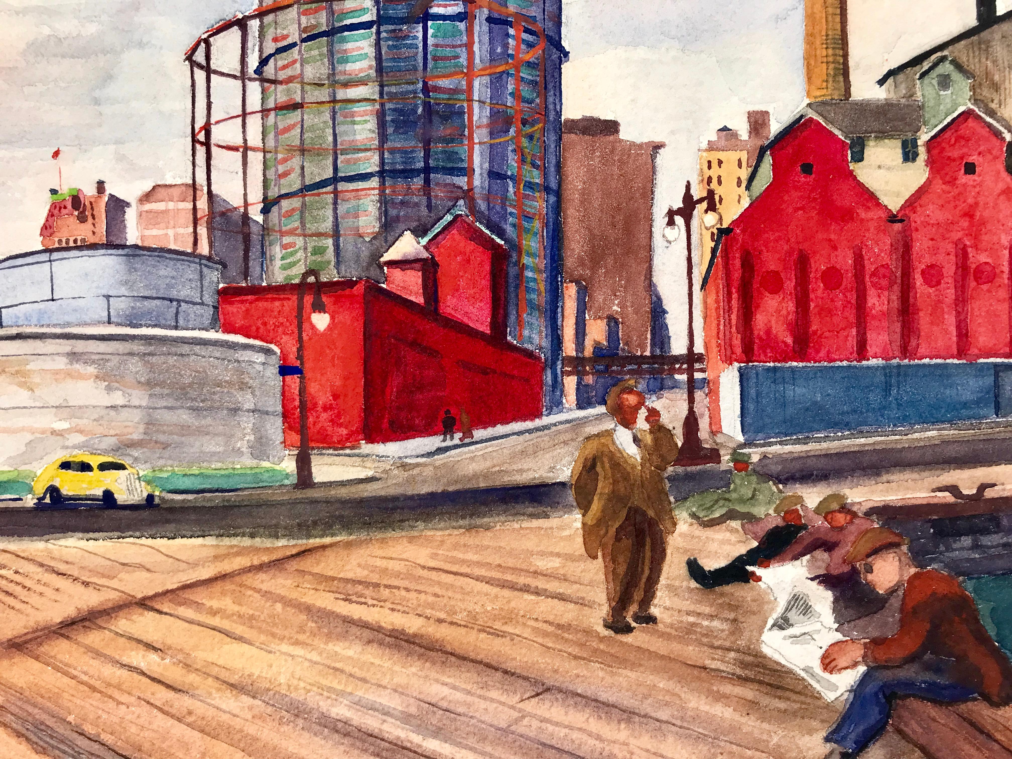 Fabulous watercolor of American Legion week in New York.  Dock workers reading the newspaper with the Empire State Building in the distance and planes flying in formation overhead. Signed lower left. Titled and dated, 1937 lower right. The actual