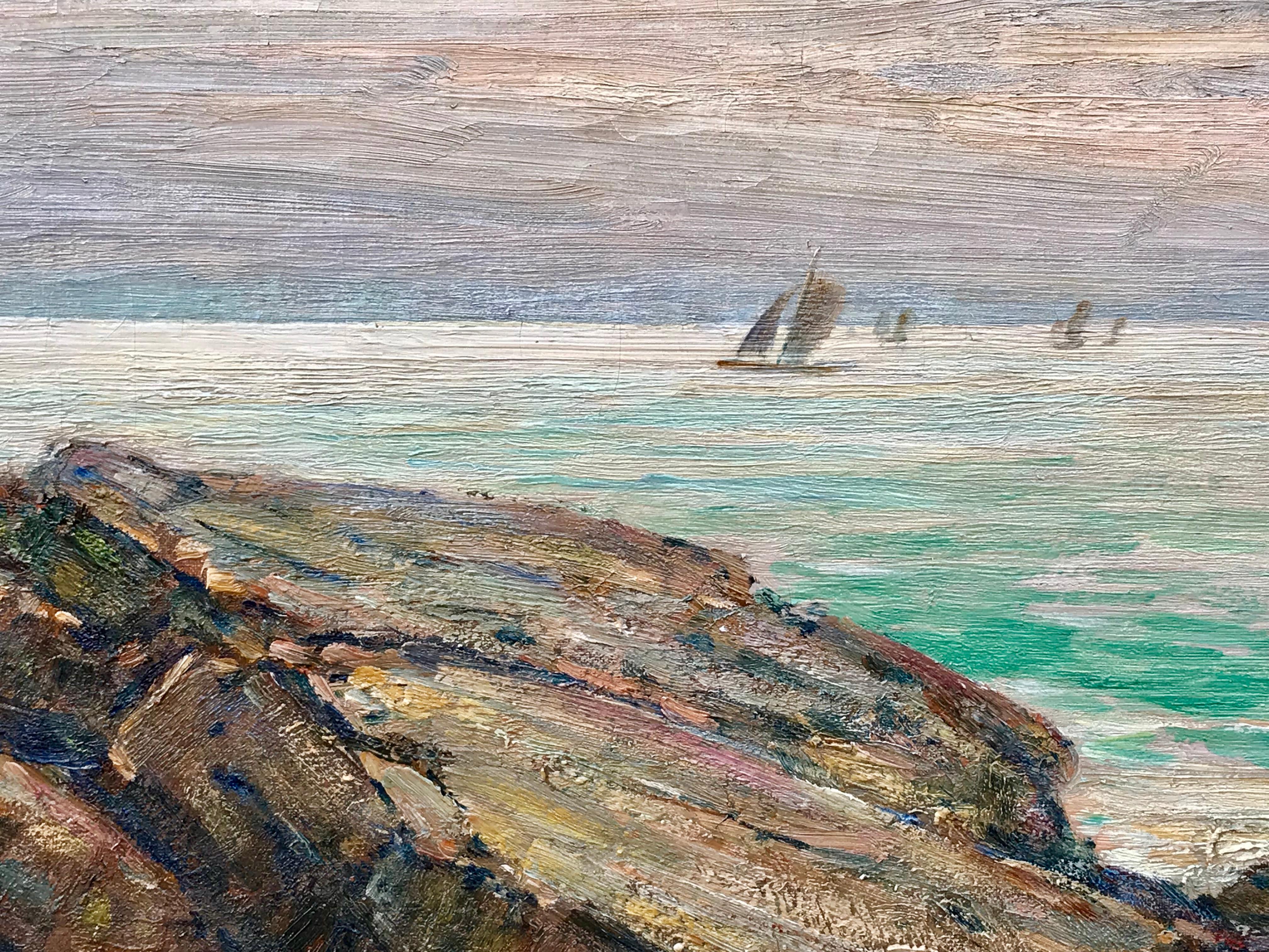 “Sailboats off Cape Ann” - Gray Landscape Painting by Cullen (Owen Cullen) Yates