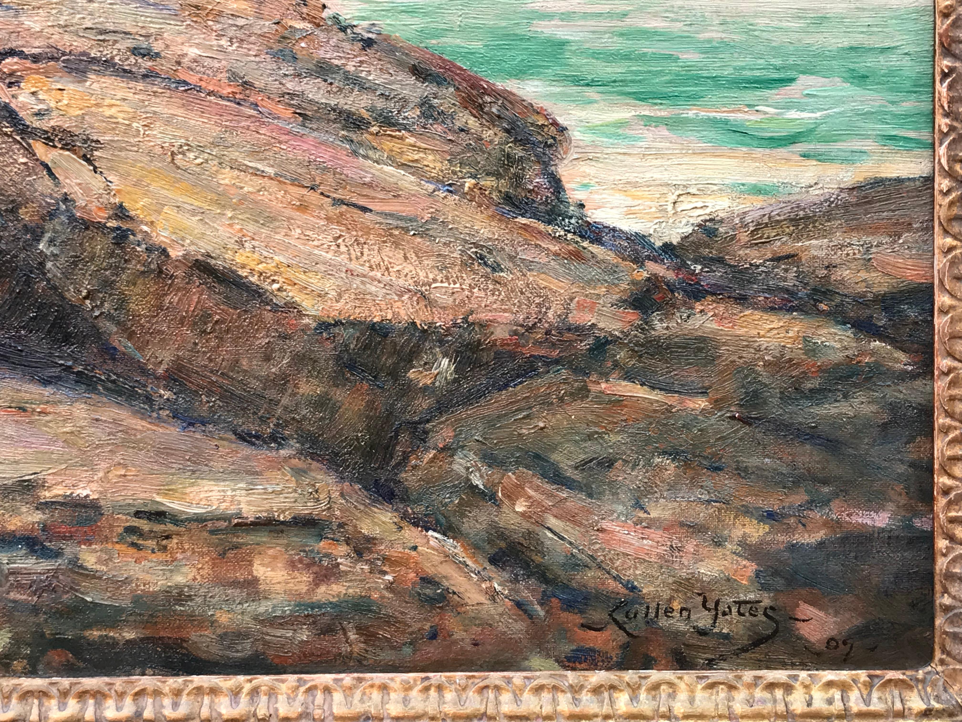 Original oil on canvas painting by the well known American painter, Cullen Yates. Signed lower right and dated 1909.
A similar painted by Yates done in the same year titled “Rockbound” of Cape Ann is held by the Smithsonian Museum.
Overall in