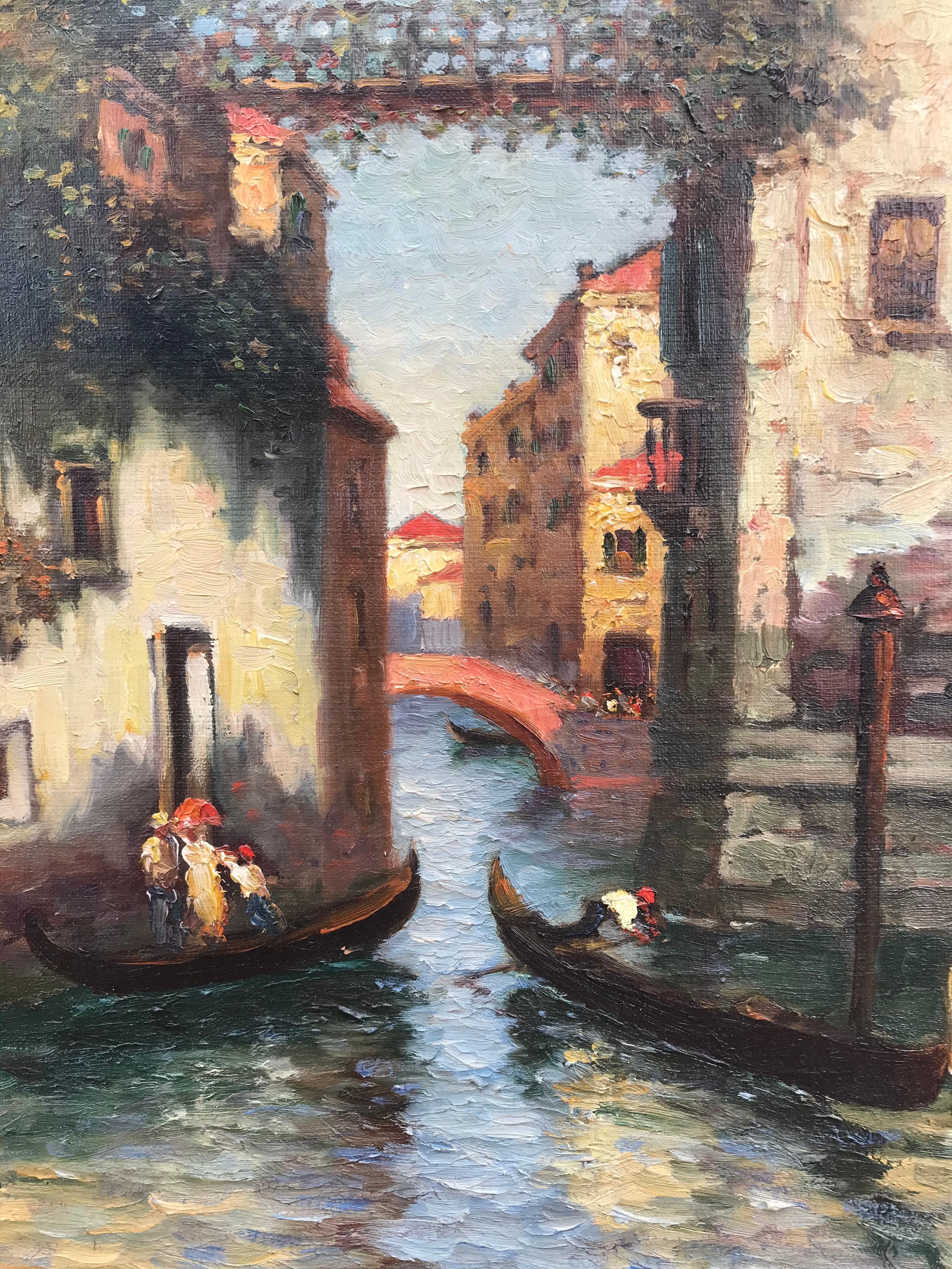 “Venice Gondolas” - Brown Landscape Painting by Richard Dey DeRibcowsky