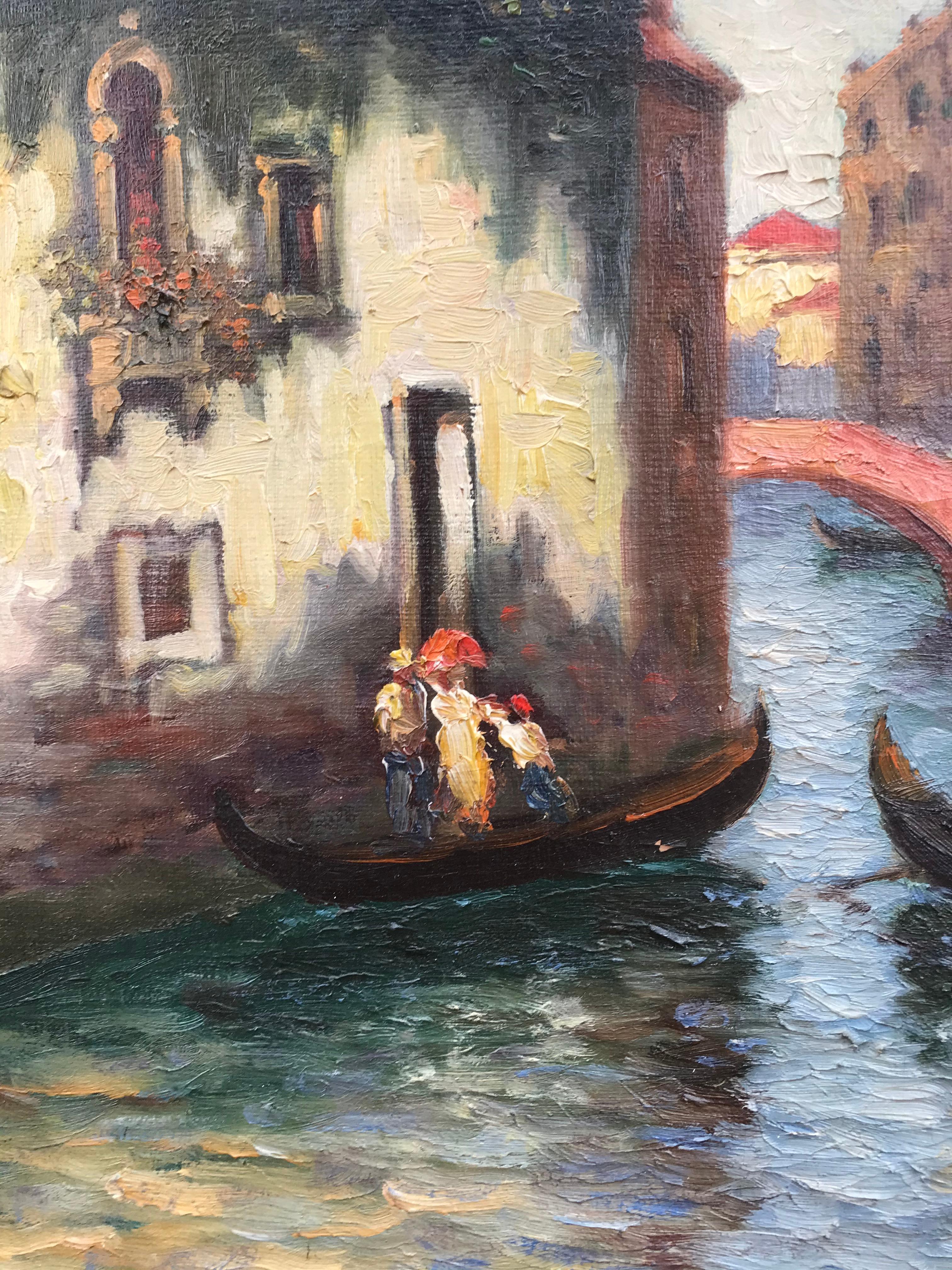 Original oil on canvas painting by Richard Dey DeRibcowsky of the gondolas of Venice, Italy. Vibrant, strong colors make this artist’s work highly collected. Signed by the artist lower right. Overall in original Arts and Craft gold leaf frame 31.5