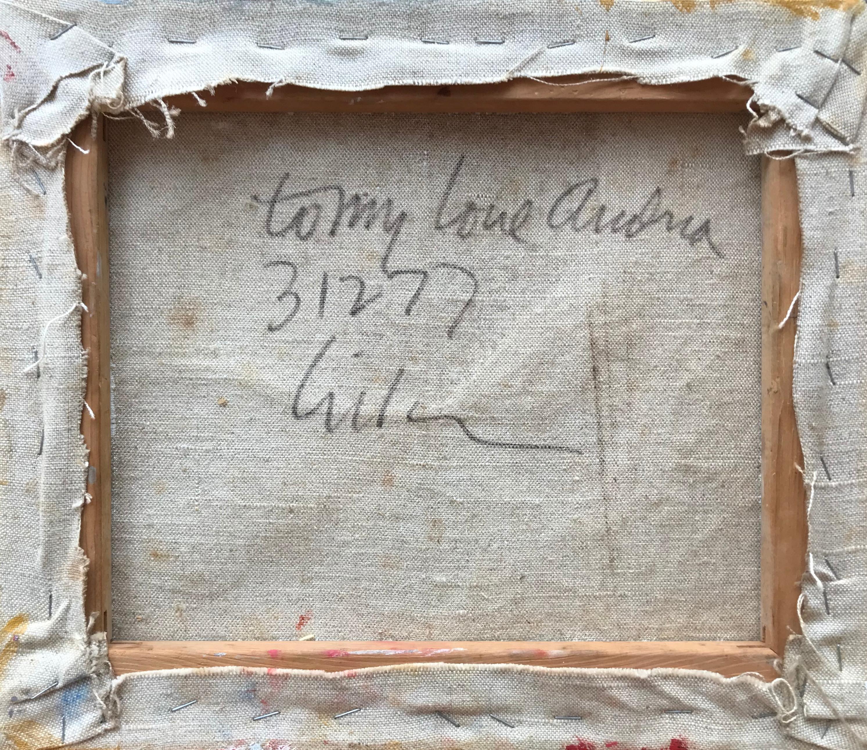 Acryl auf Leinwand Freiform abstraktes Gemälde des amerikanischen Künstlers Harry Hilson. Oben rechts signiert.  Verso signiert und datiert 1977 sowie Andrea gewidmet. Zustand:  Sehr gut.  Alle Seiten des Kunstwerks sind bemalt:: sodass ein Rahmen
