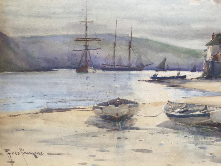 “Schooners, Fowey Harbour, Cornwall” - Gray Landscape Art by Eyres Simmons