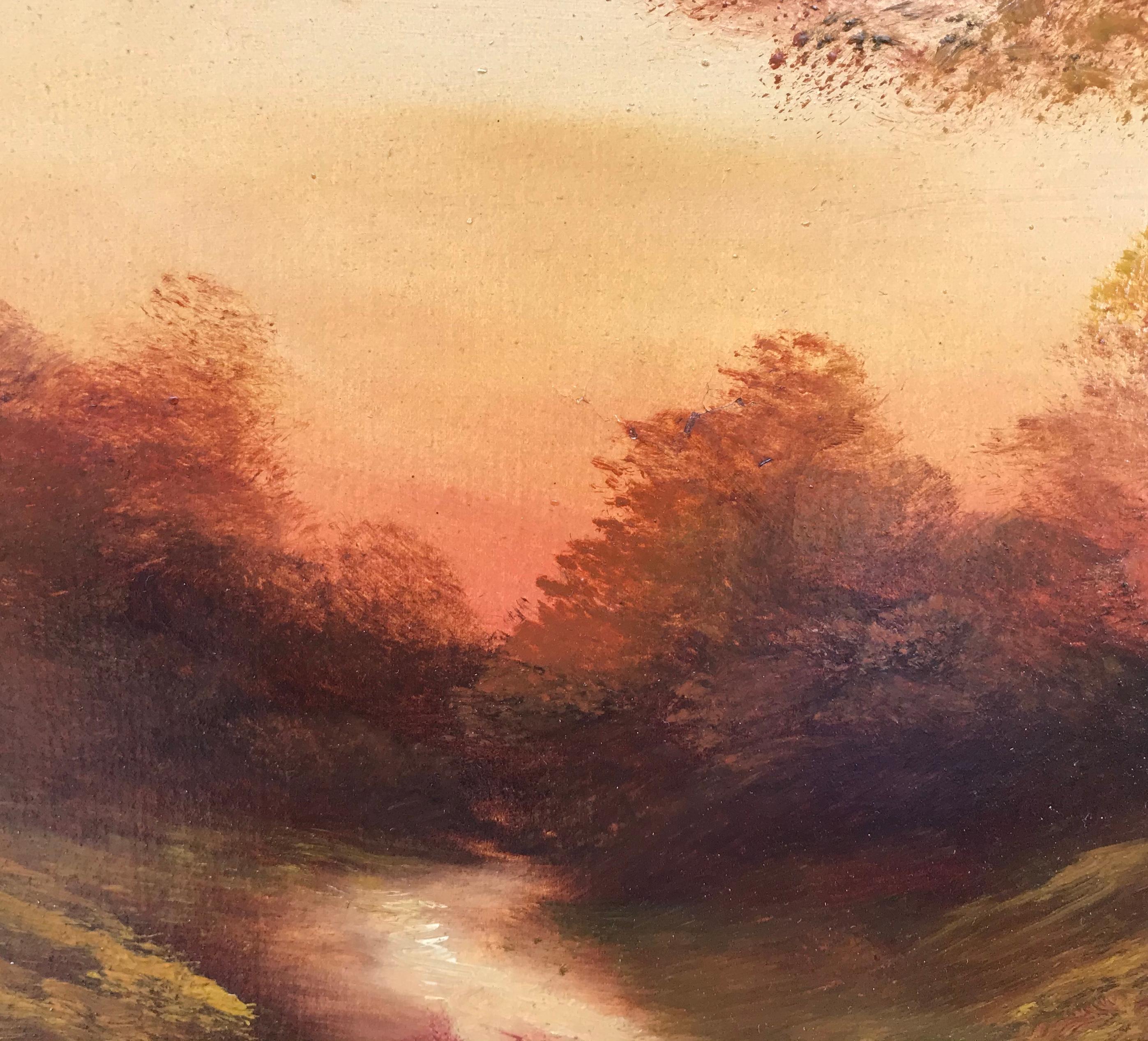 Precioso óleo  a bordo de una puesta de sol en Dorking, Inglaterra, del pintor británico Harold Sutton Palmer.  Firmado S. Palmer abajo a la derecha. El cuadro es su marco original. Pintado en oro sobre dorado original. Las medidas totales