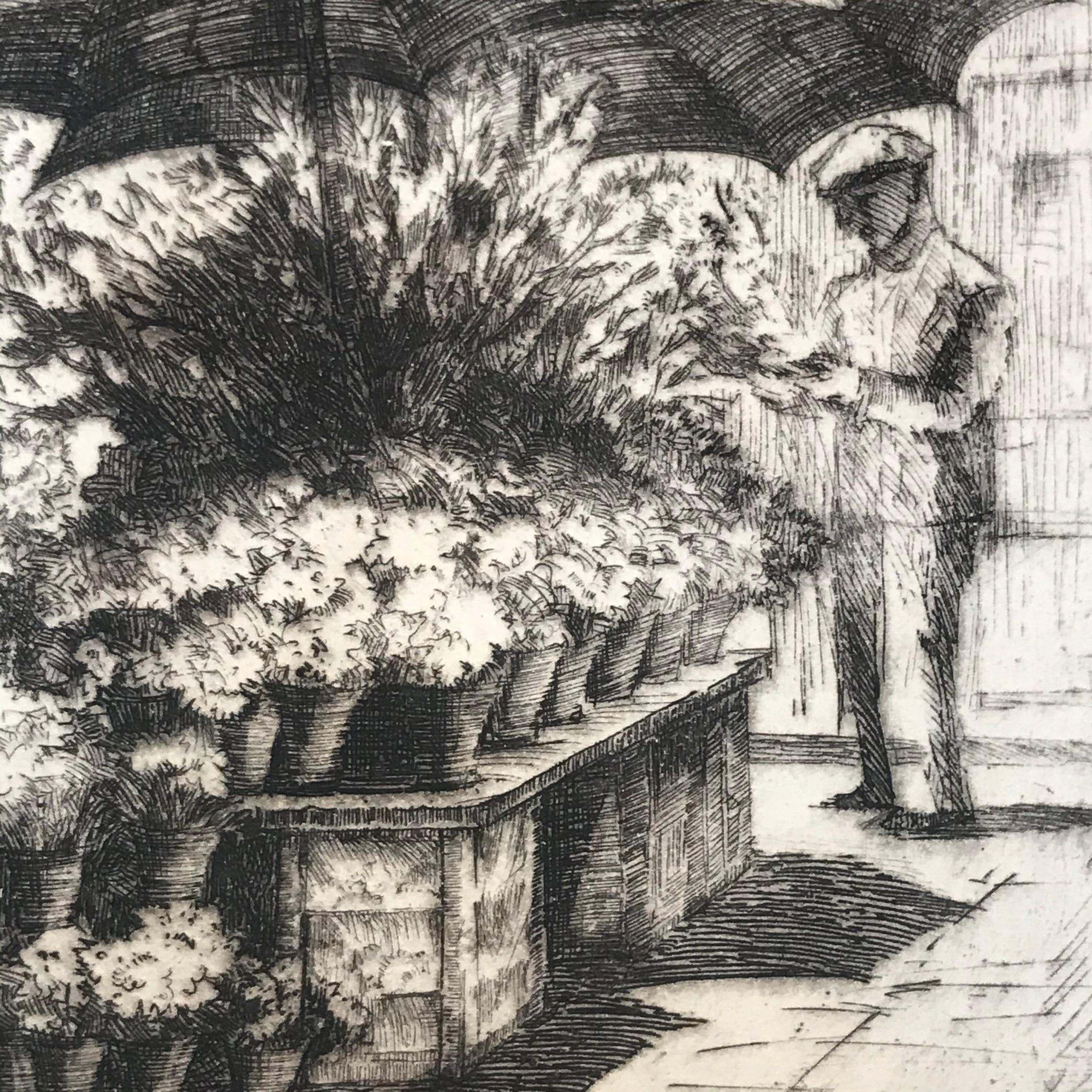 “Flower Stand, San Francisco” - Beige Figurative Print by Harriet Gene Roudebush 