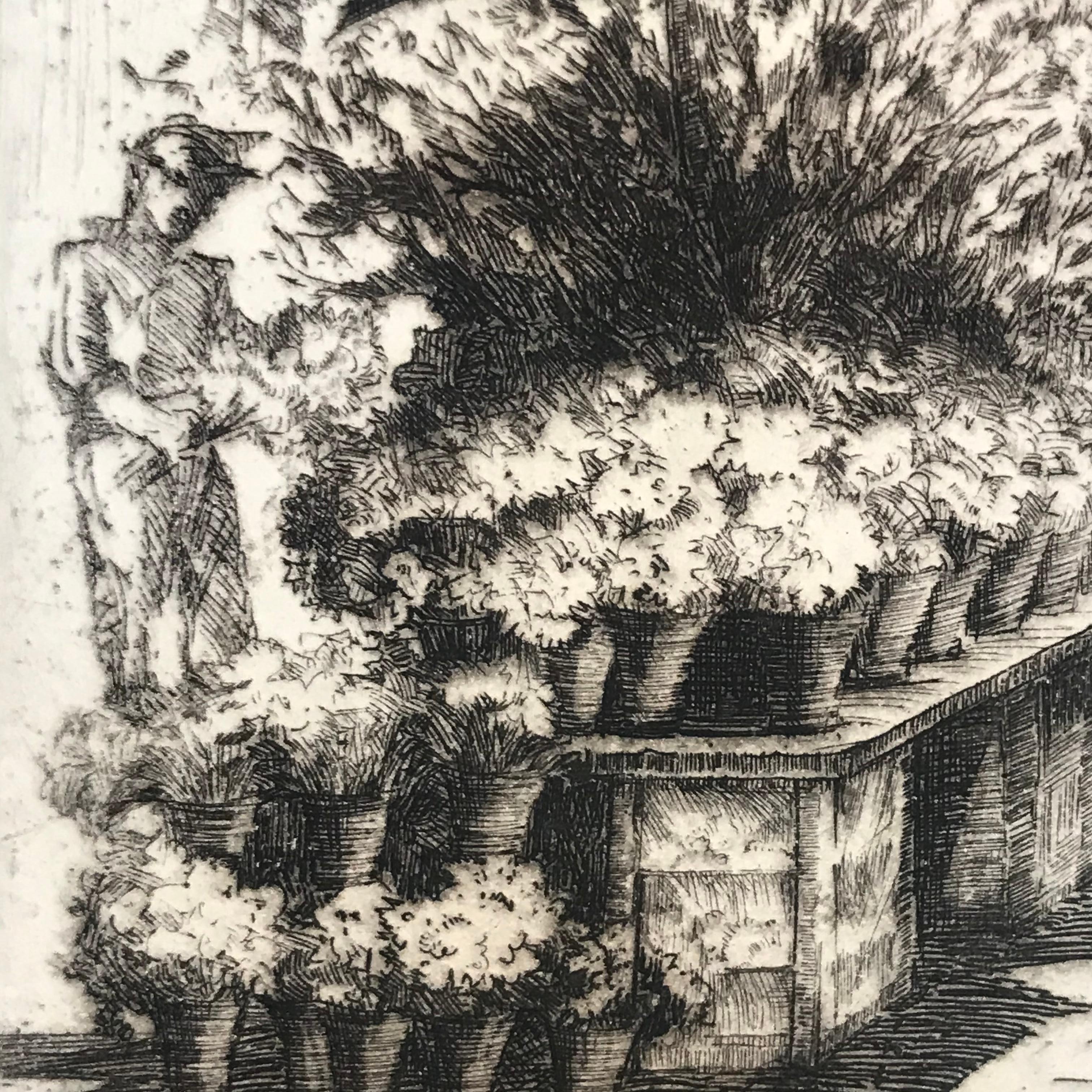 Original drypoint etching on archival paper of a flower stand in the 1930’s in San Francisco, California.  Titled in pencil lower left margin.  Signed in pencil lower right margin.  In very good condition. Sight size 6.5 by 4.25 inches. Sheet size 7