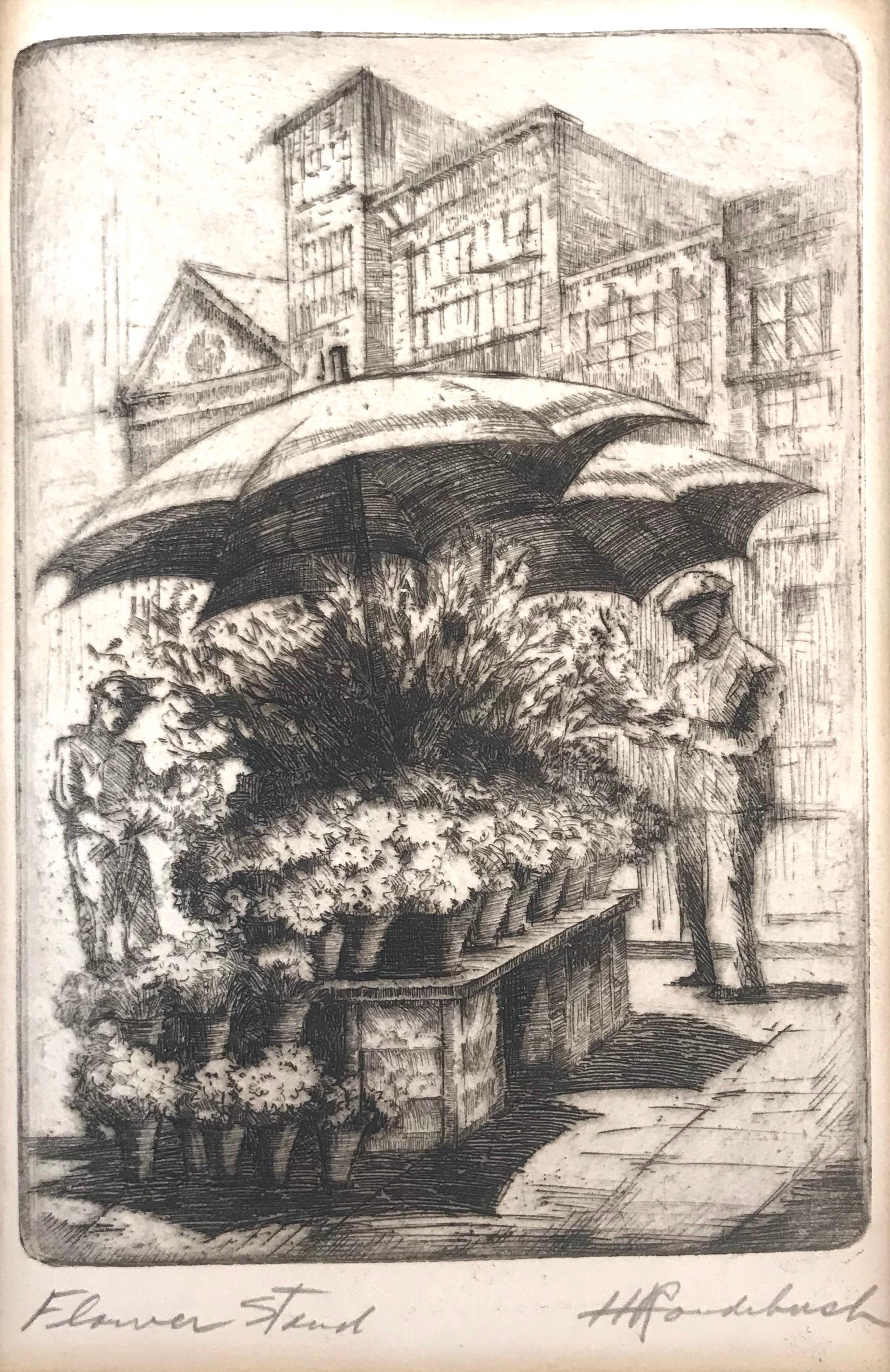 Harriet Gene Roudebush  Figurative Print - “Flower Stand, San Francisco”