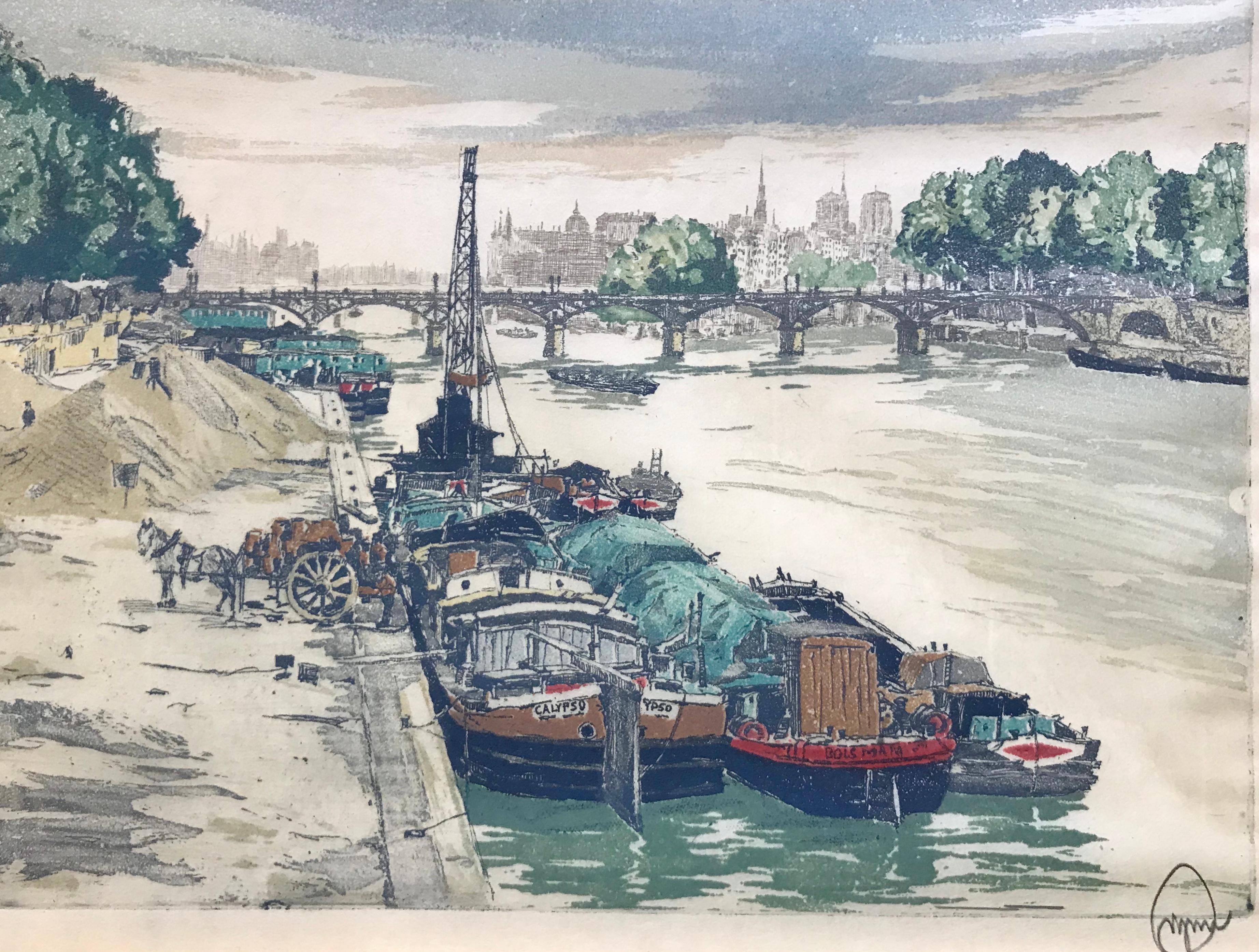 Oscar F. Wyman Landscape Print - “On the Seine, Paris”