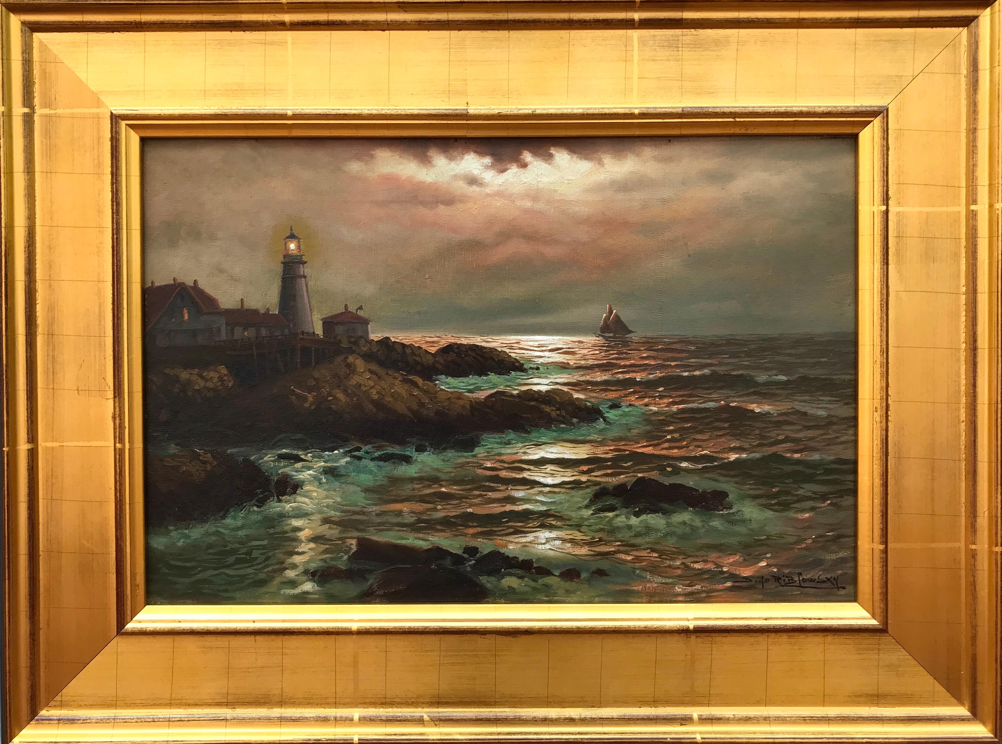 “Portland Head Light, Maine” - Brown Landscape Painting by Richard Dey DeRibcowsky