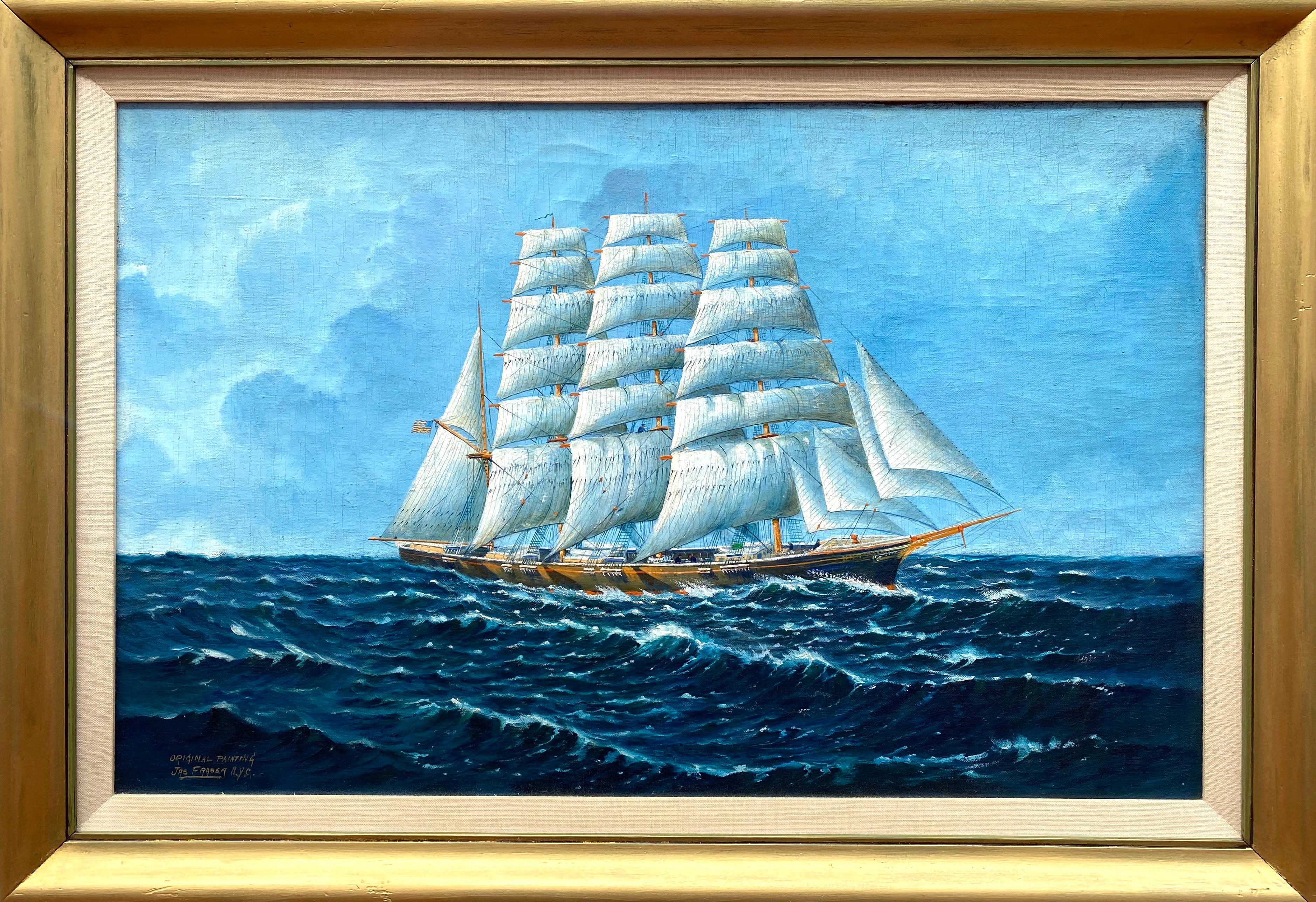 “Clipper Ship” - Blue Landscape Painting by Jas Fraser