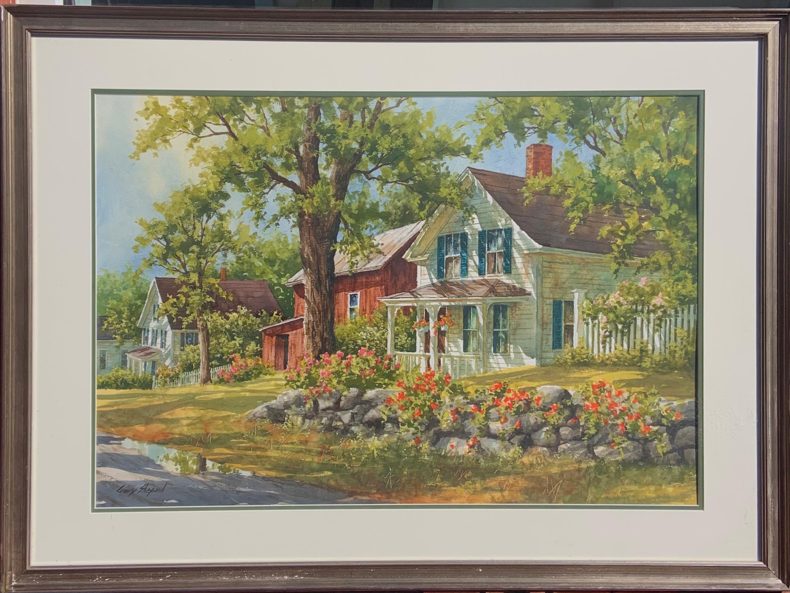 Voici pour votre considération une aquarelle magnifiquement exécutée d'une série de maisons de village bucoliques de la Nouvelle Angleterre par l'artiste américain Gary Shepard.  Le mur de pierre avec ses fleurs grimpantes met en valeur l'œuvre