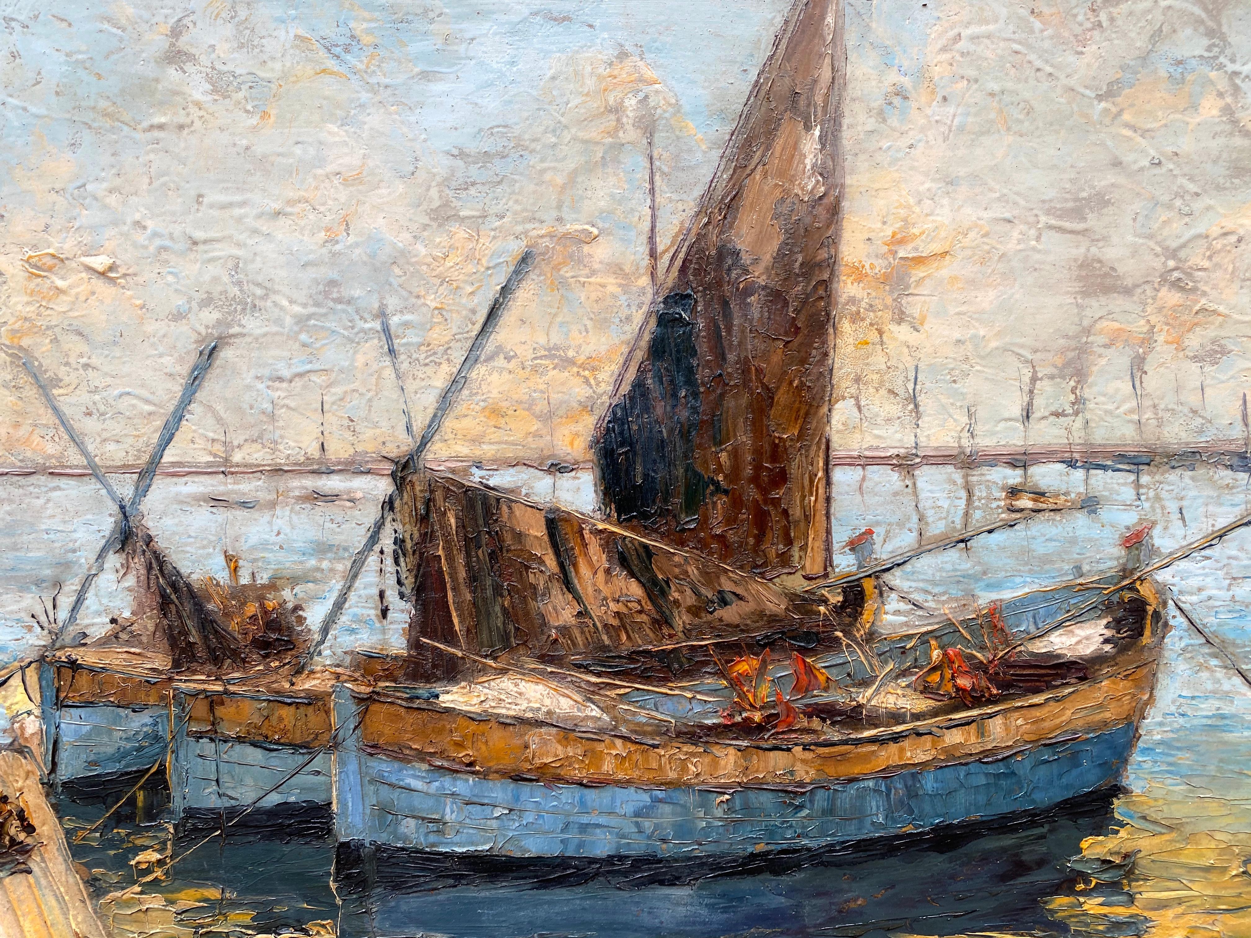 Boîtes de pêche de Venise - Post-impressionnisme Painting par Jean Corniche