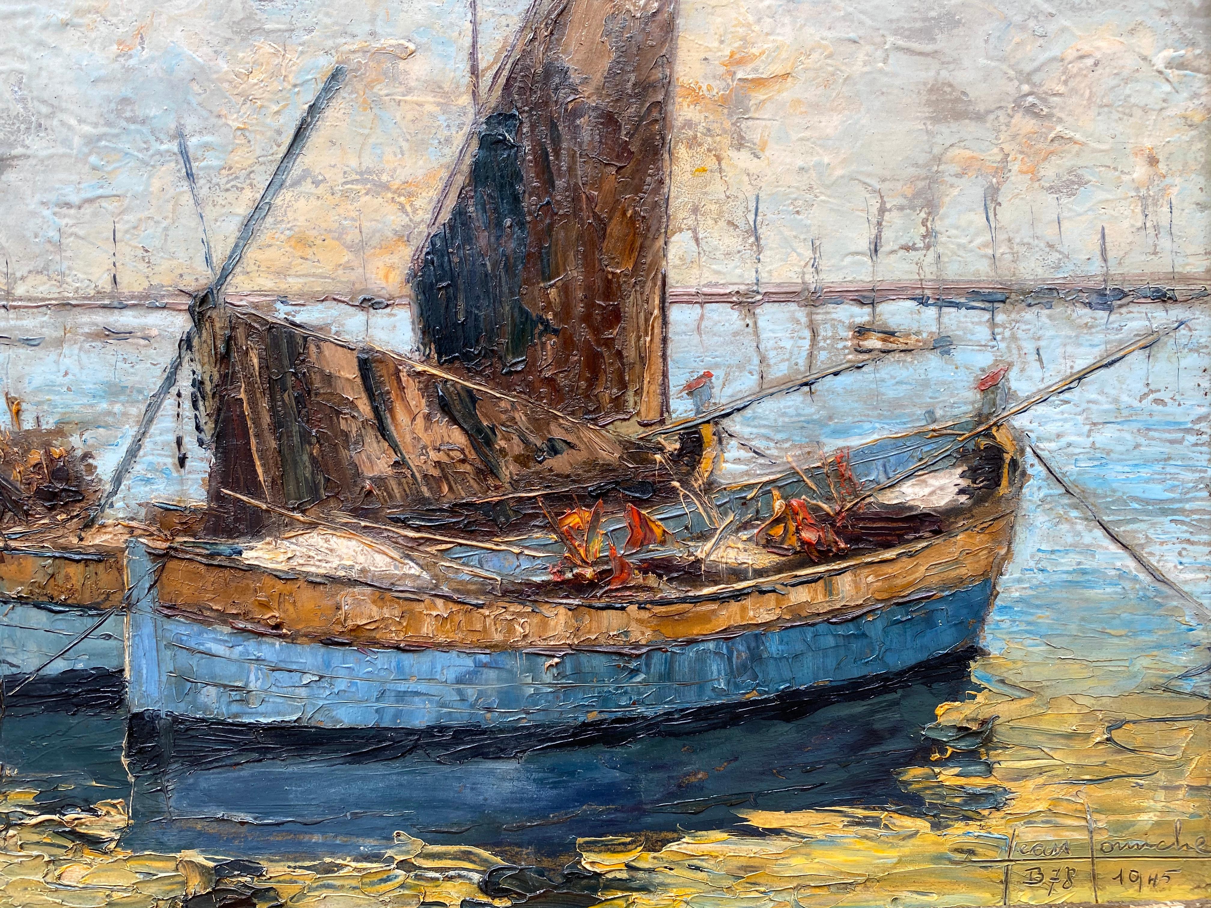 Boîtes de pêche de Venise - Marron Landscape Painting par Jean Corniche