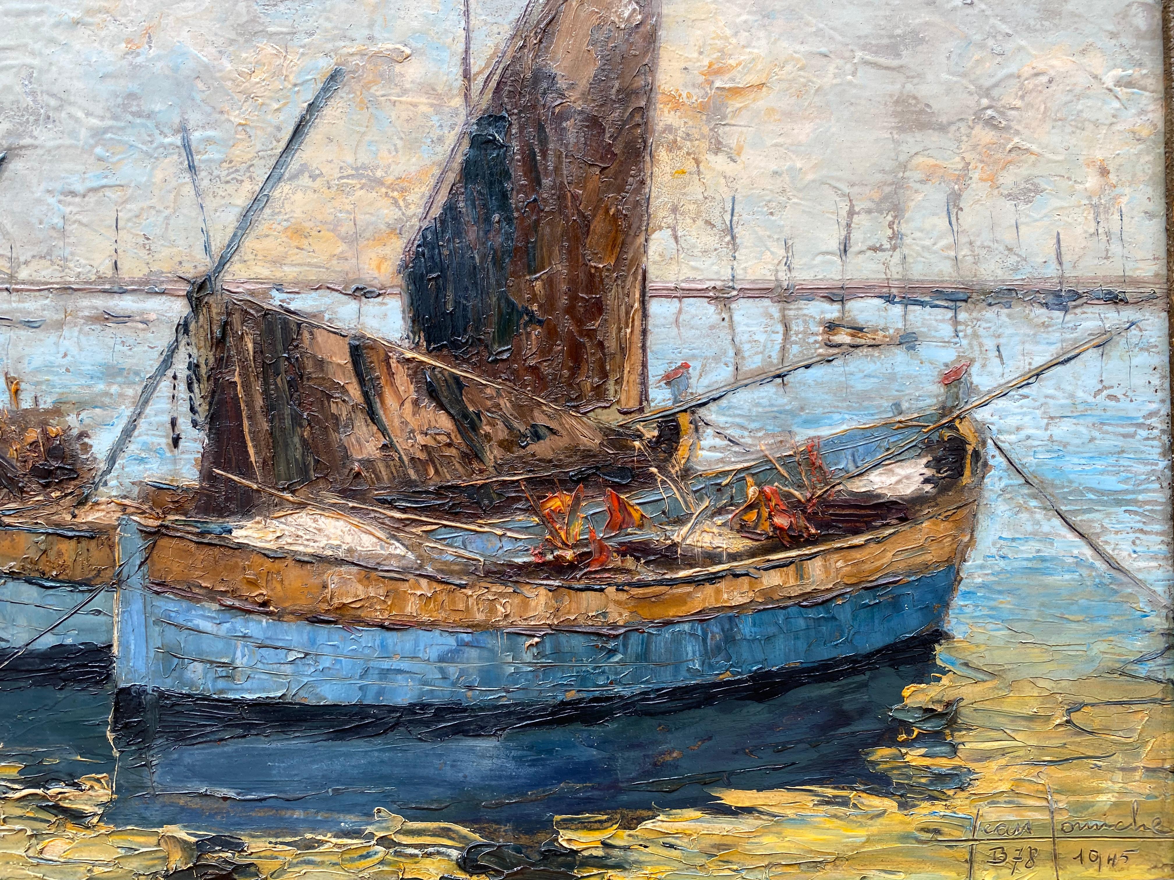 Gemälde des französischen Künstlers Jean Corniche in Öl auf Malerkarton. Signiert unten rechts und datiert 1945. Das Gemälde zeigt mehrere Fischerboote, die am Ende des Tages am Ufer anlegen. Das Gemälde ist in gutem Originalzustand und befindet