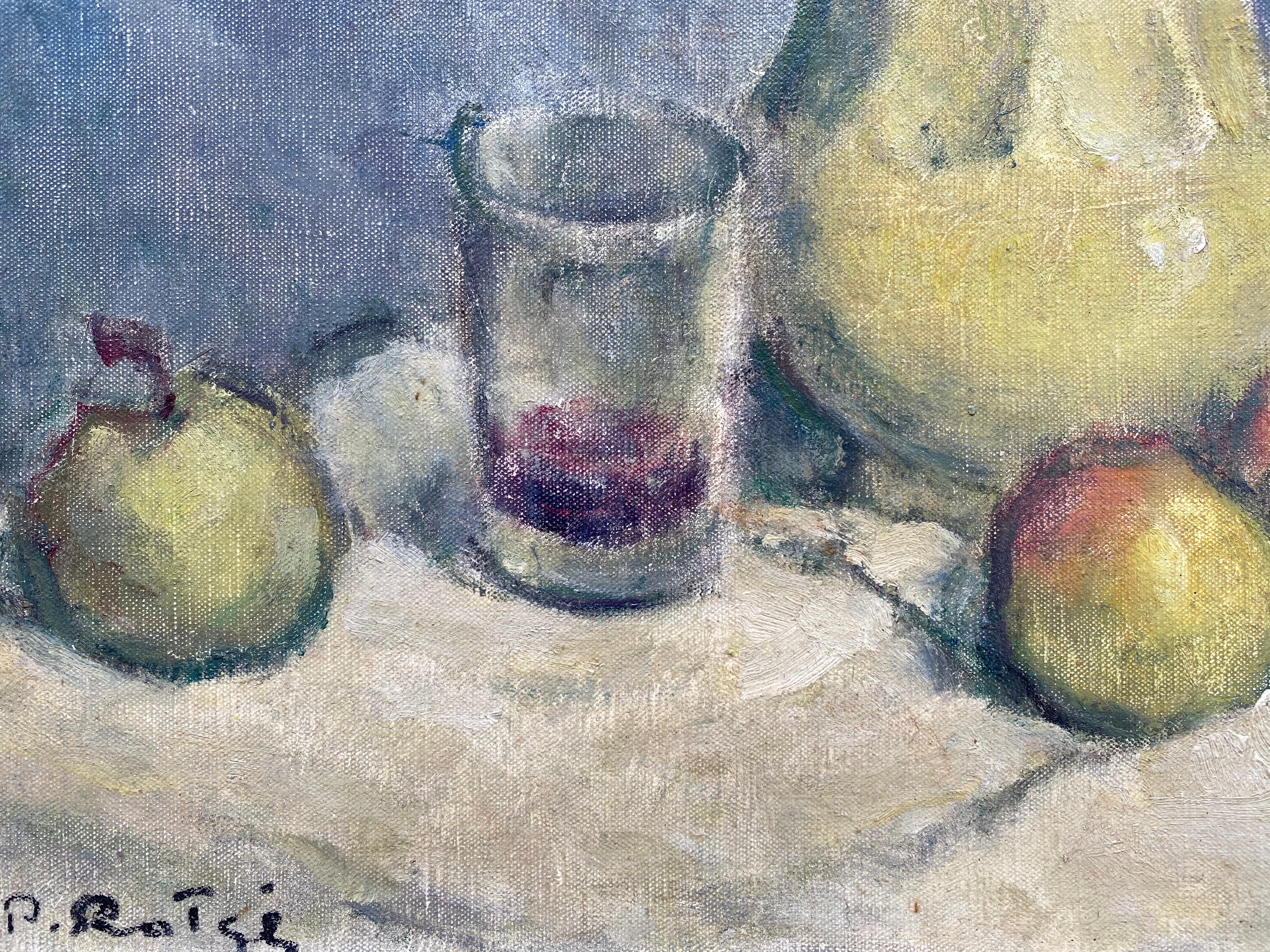 “Pot and Fresh Fruit” - Gray Still-Life Painting by Prosper Rotge