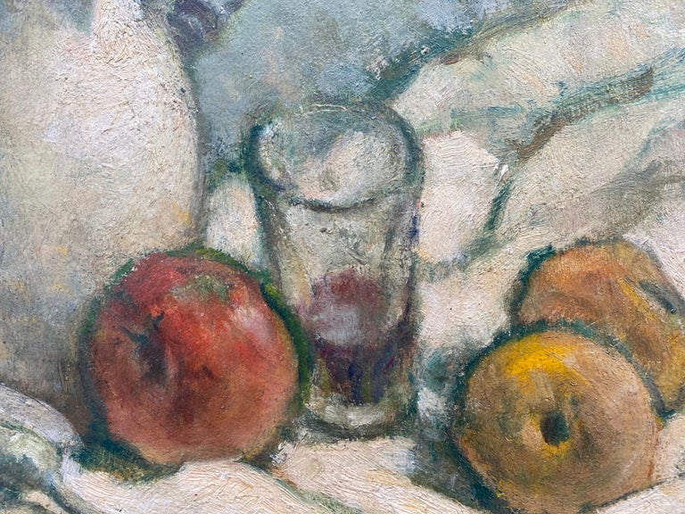 Beautiful oil on board  still life painting of a pitcher, glass and fruit by the well known French artist, Prosper Rotge.  Signed Top right.  Circa 1955.  Painted in the impressionist style. Condition is excellent.  Custom wood, gesso and gilt