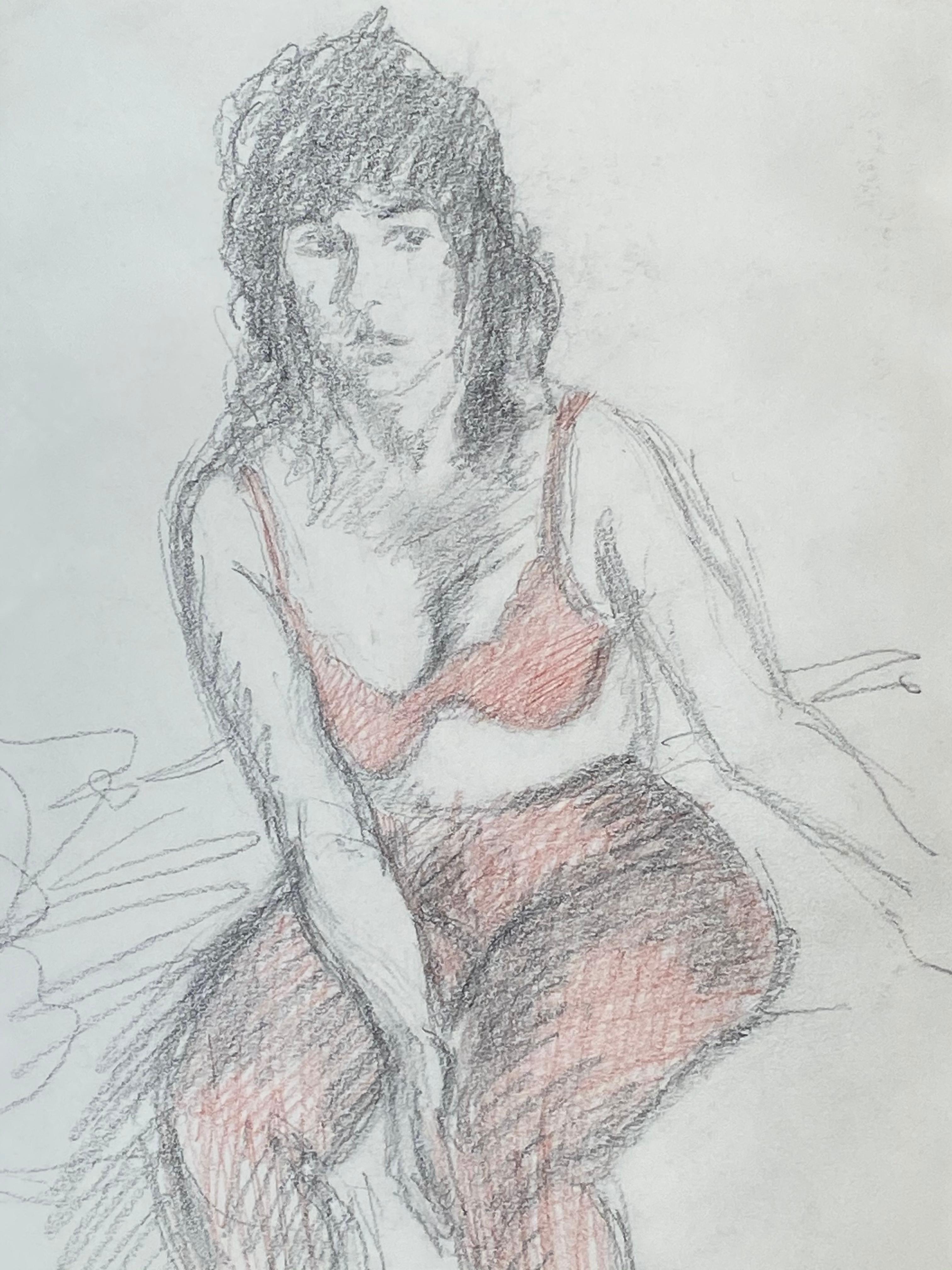 “Seated Model in Red Bra” - American Modern Art by Raphael Soyer