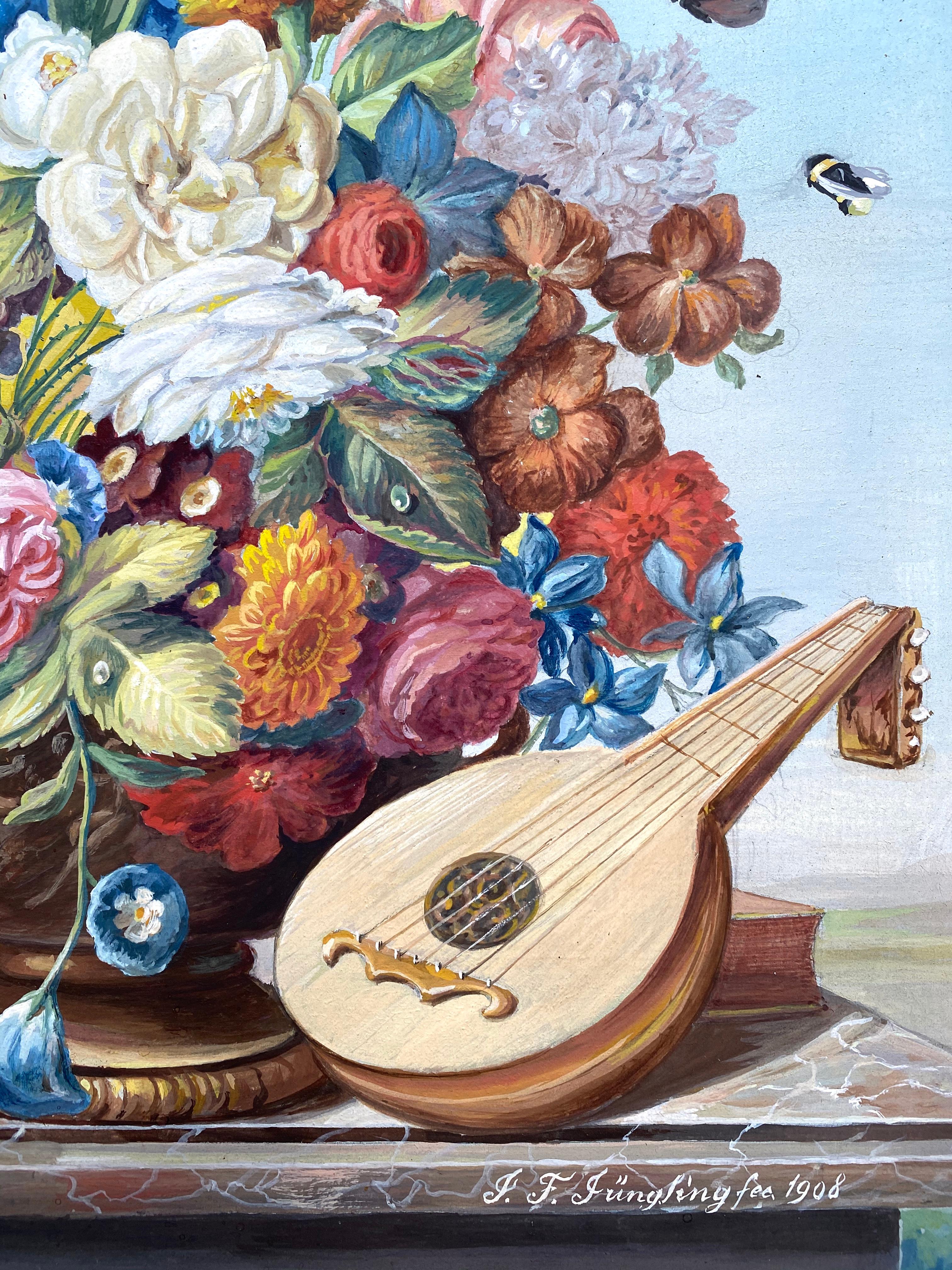 “Floral Bouquet with Mandolin” - Academic Art by Friedrich Jungling