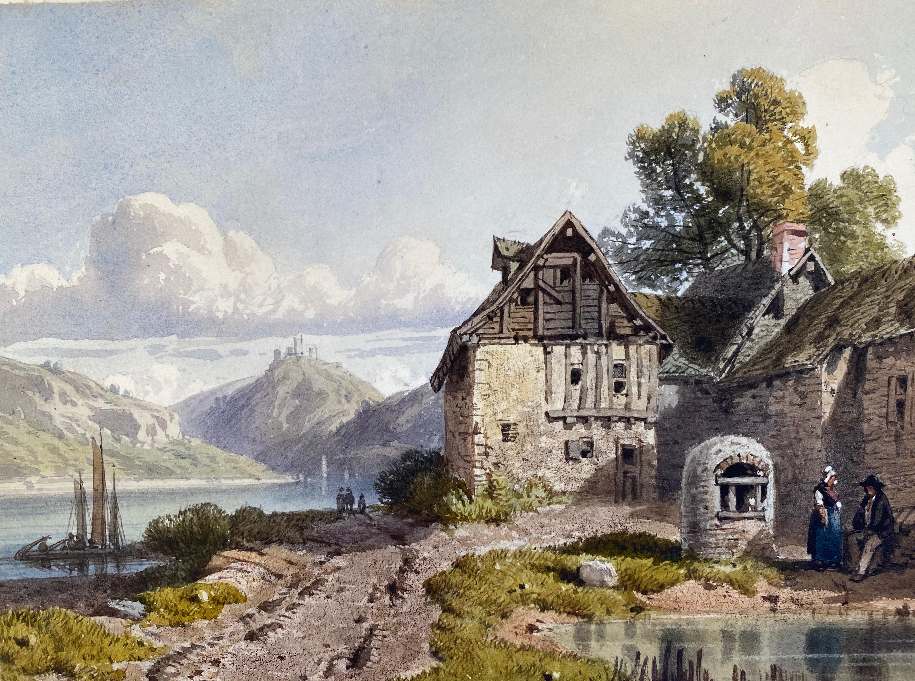 The House by the Lake (Grau), Landscape Art, von Louise Clauseau
