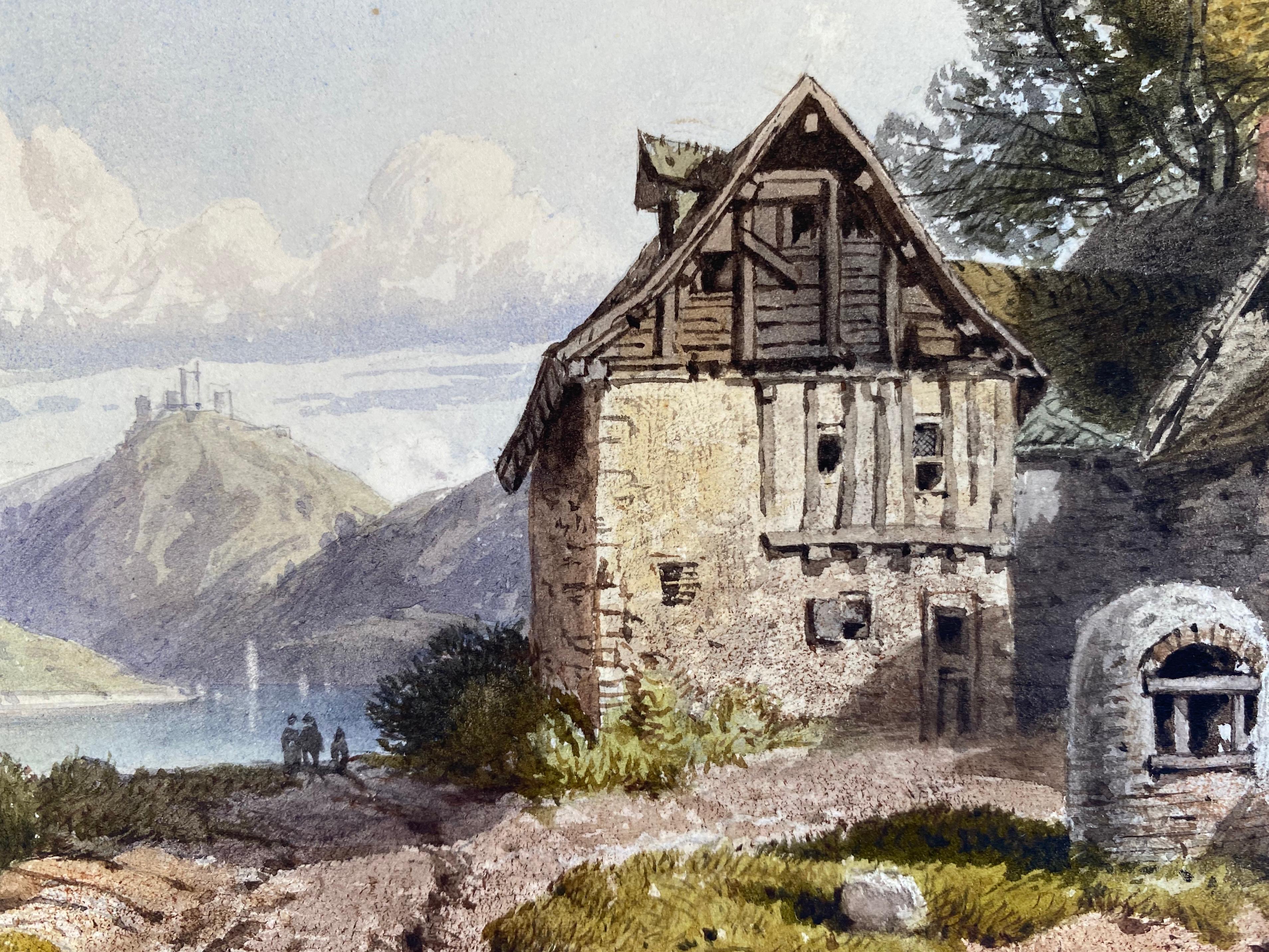 Fein ausgeführte Aquarell- und Gouache-Landschaft mit Figuren von der Schweizer Künstlerin Louise Clauseau (Schweiz).  Unter dem Passepartout vom Künstler signiert und datiert Juni 1852.  Das Aquarell ist in ausgezeichnetem Zustand mit leuchtenden