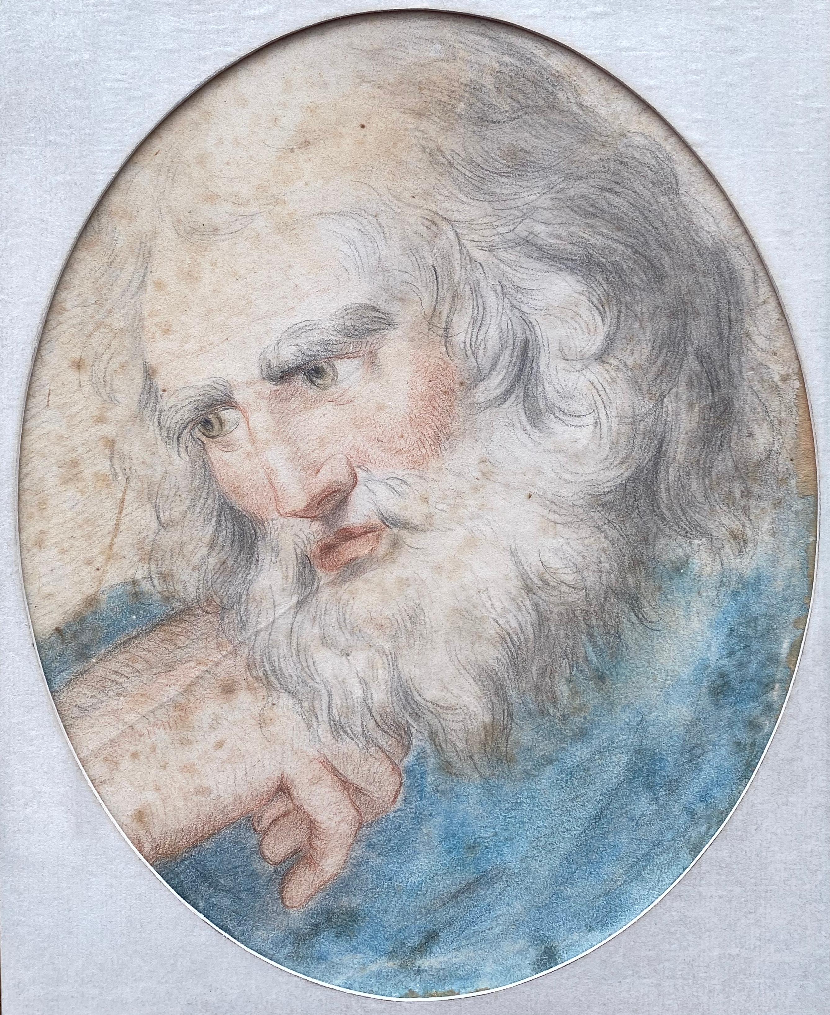 Late 18th century mixed media portrait of the head of an old man, perhaps the biblical figure Moses.  Italian school . Composed of graphite, colored chalk, watercolor and gouache on wove paper. No visible signature, in the style of the Italian