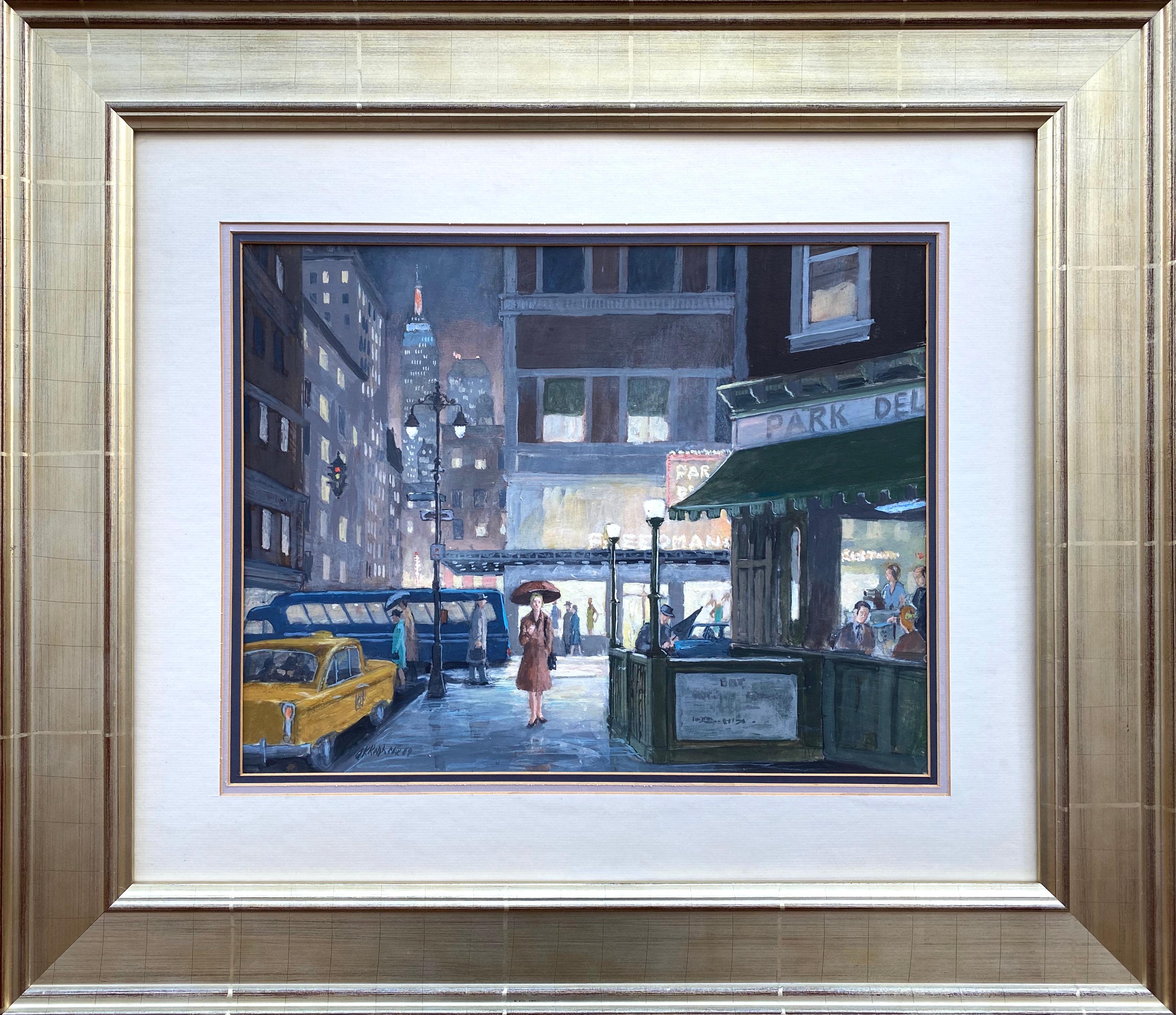 Original watercolor and gouache on archival paper by the noted American realist painter, George K. Ralph. Signed and dated lower left, 1989.  Here we see a typical New York City street scene with the iconic Empire State Building in the distant.