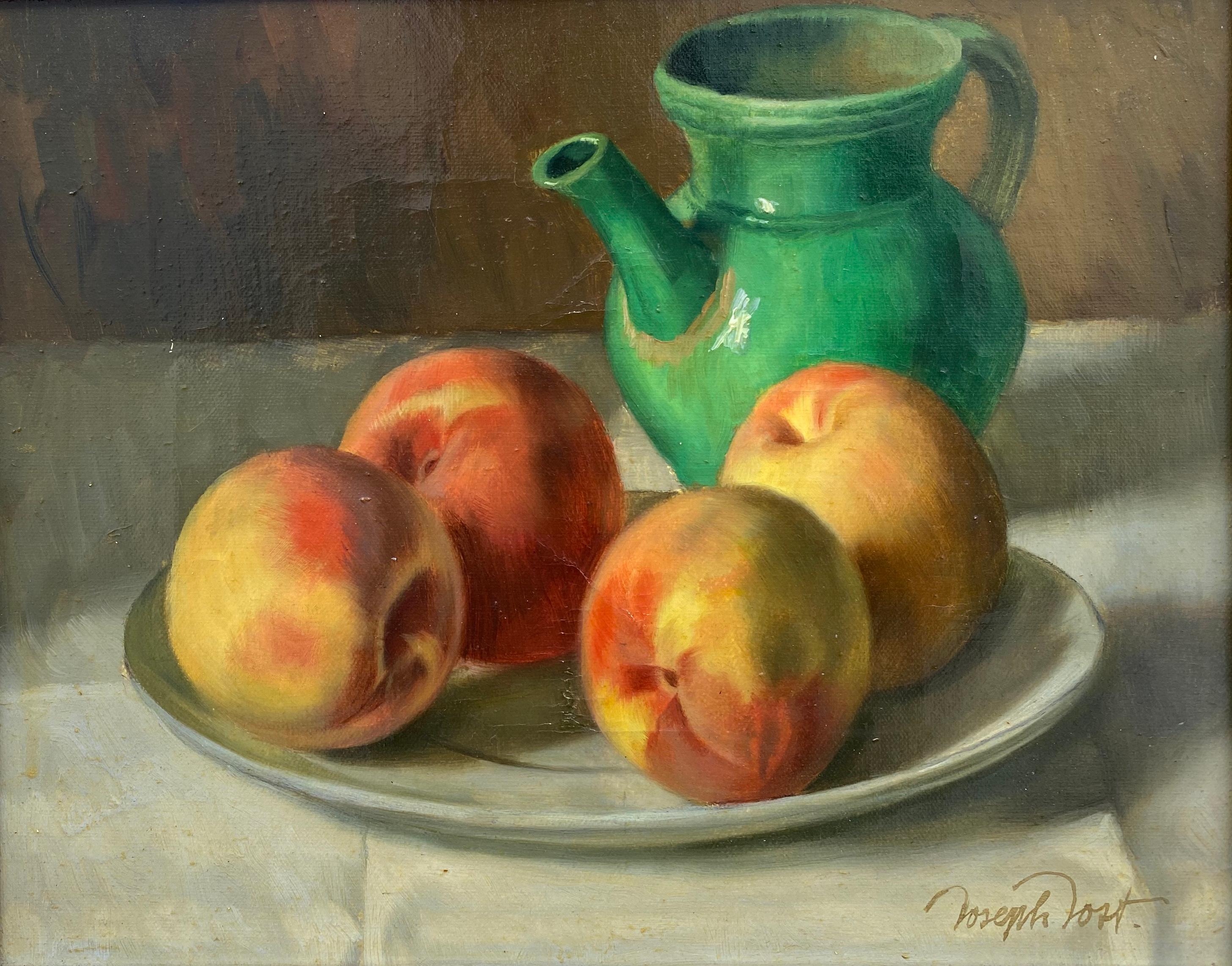 Joseph Jost Still-Life Painting - “Green Pitcher with Peaches”