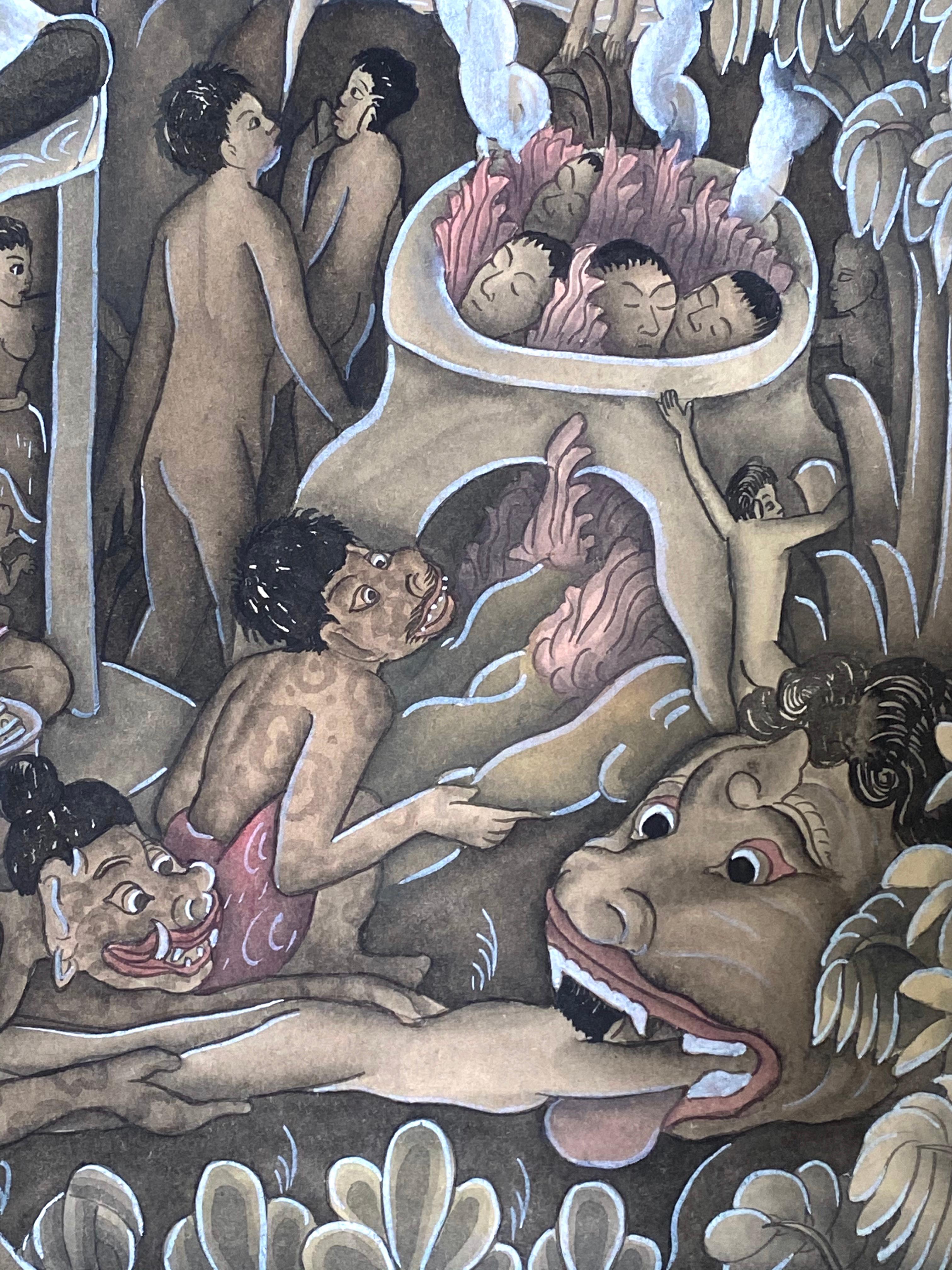 Provokantes Aquarell, Gouache auf Papier Balinesisches Stammeskunstwerk. Nicht unterzeichnet. Um 1950.  Der Zustand ist sehr gut. Keine Probleme. Fein gemalte und akribisch detaillierte Kunstwerke zu einem Tabuthema.  Das Kunstwerk ist mattiert und