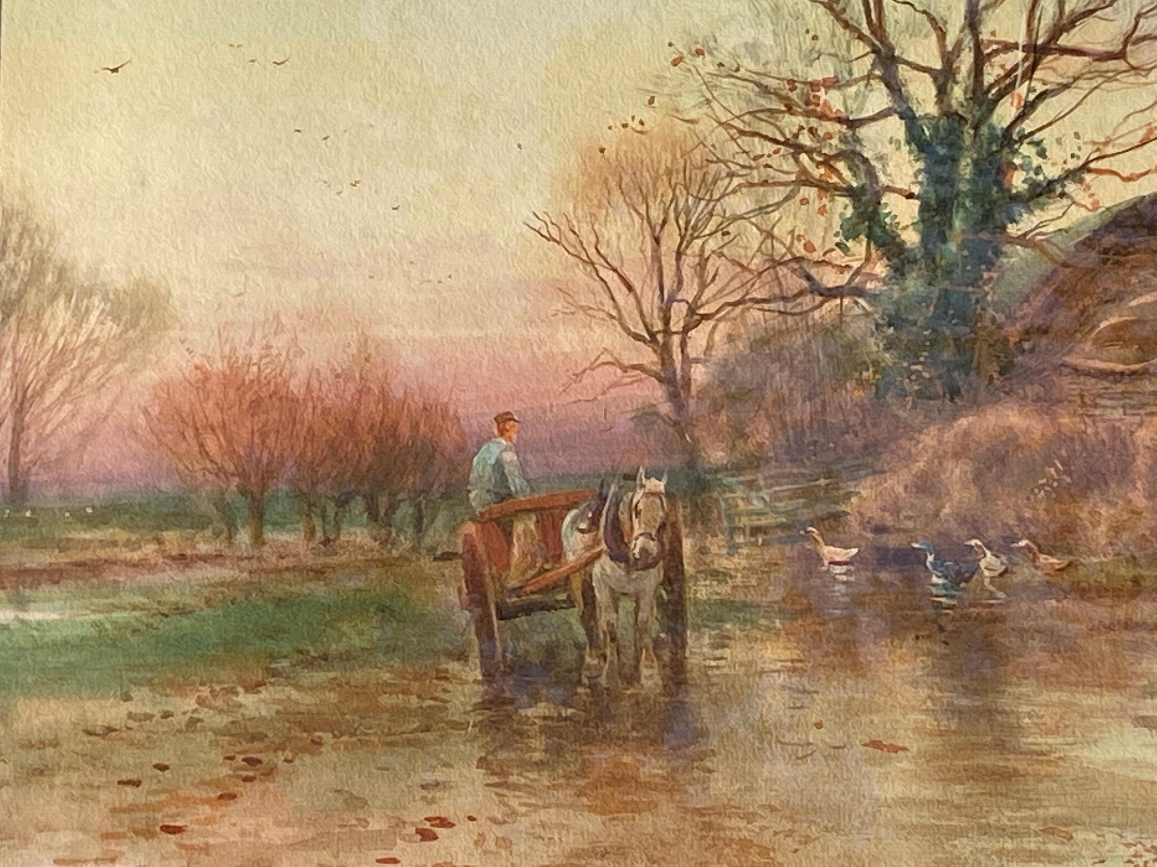      
Merveilleuse aquarelle originale d'une scène bucolique avec une ferme avec des oies et un homme sur son chariot tiré par un cheval alors que le soleil se couche dans la campagne anglaise. Signé en bas à gauche par l'artiste britannique, Henry