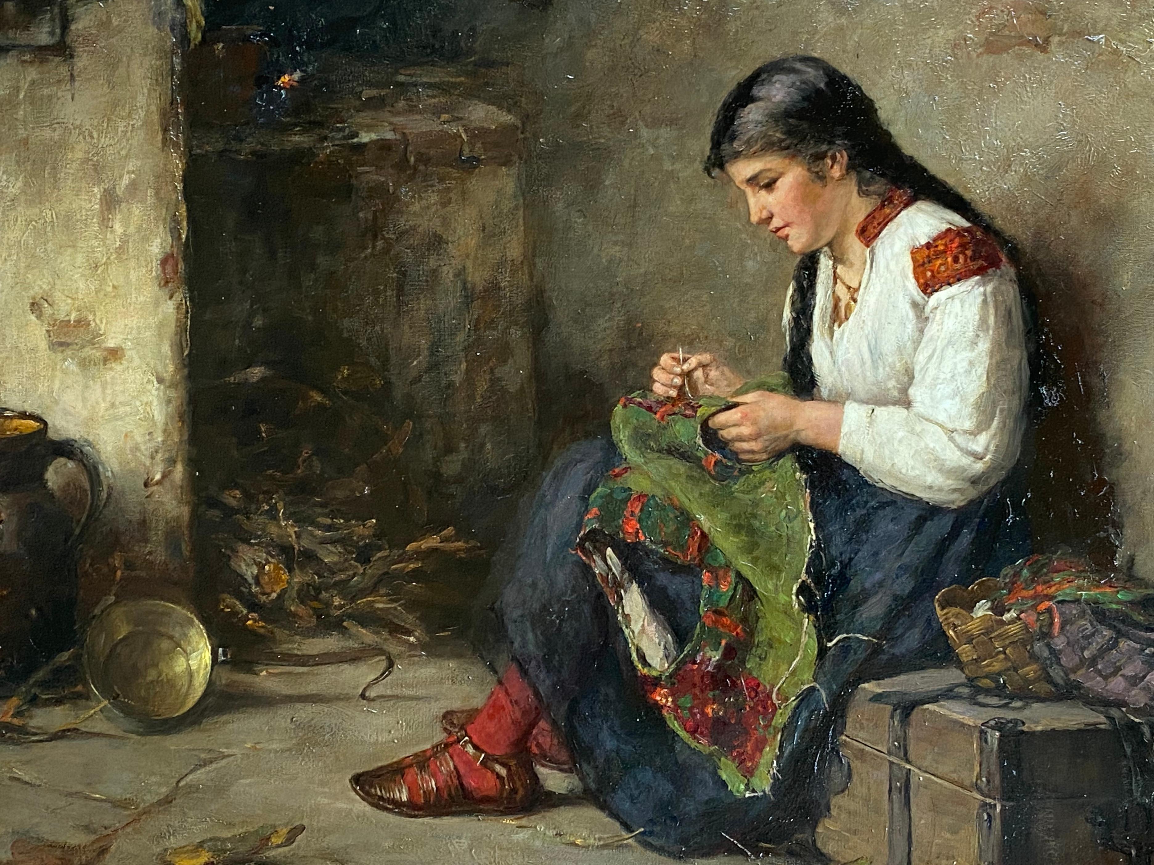  “A Girl Mending” - Painting by Albert Muller-Lingke