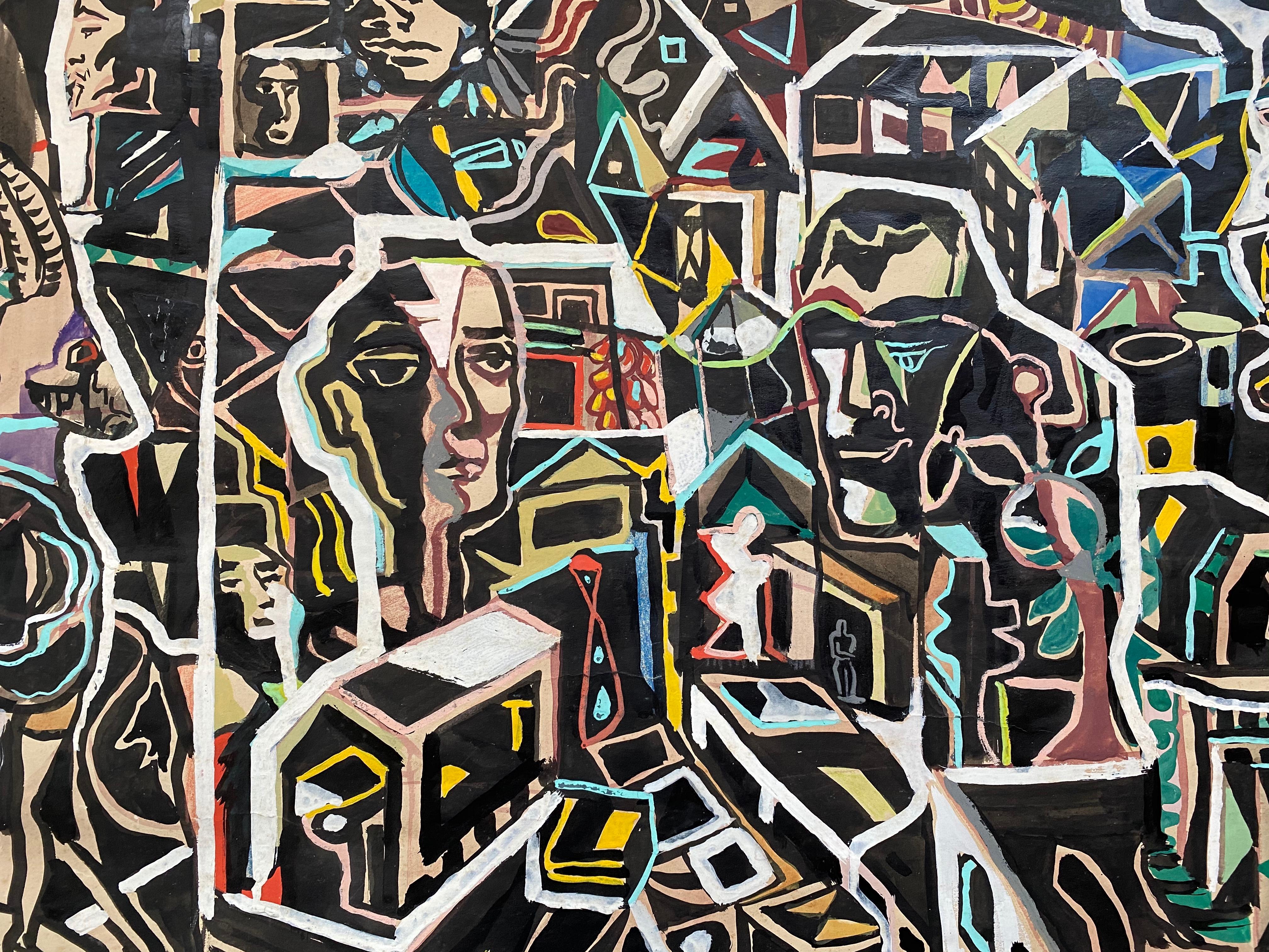 Elaborate and highly detailed mixed media painting of abstract figures in a matrix of shapes.  Signed and dated 1955 lower right.  Consists of watercolor, gouache with touches of crayon on paper. Condition is good. Matted but not framed.  

Neville