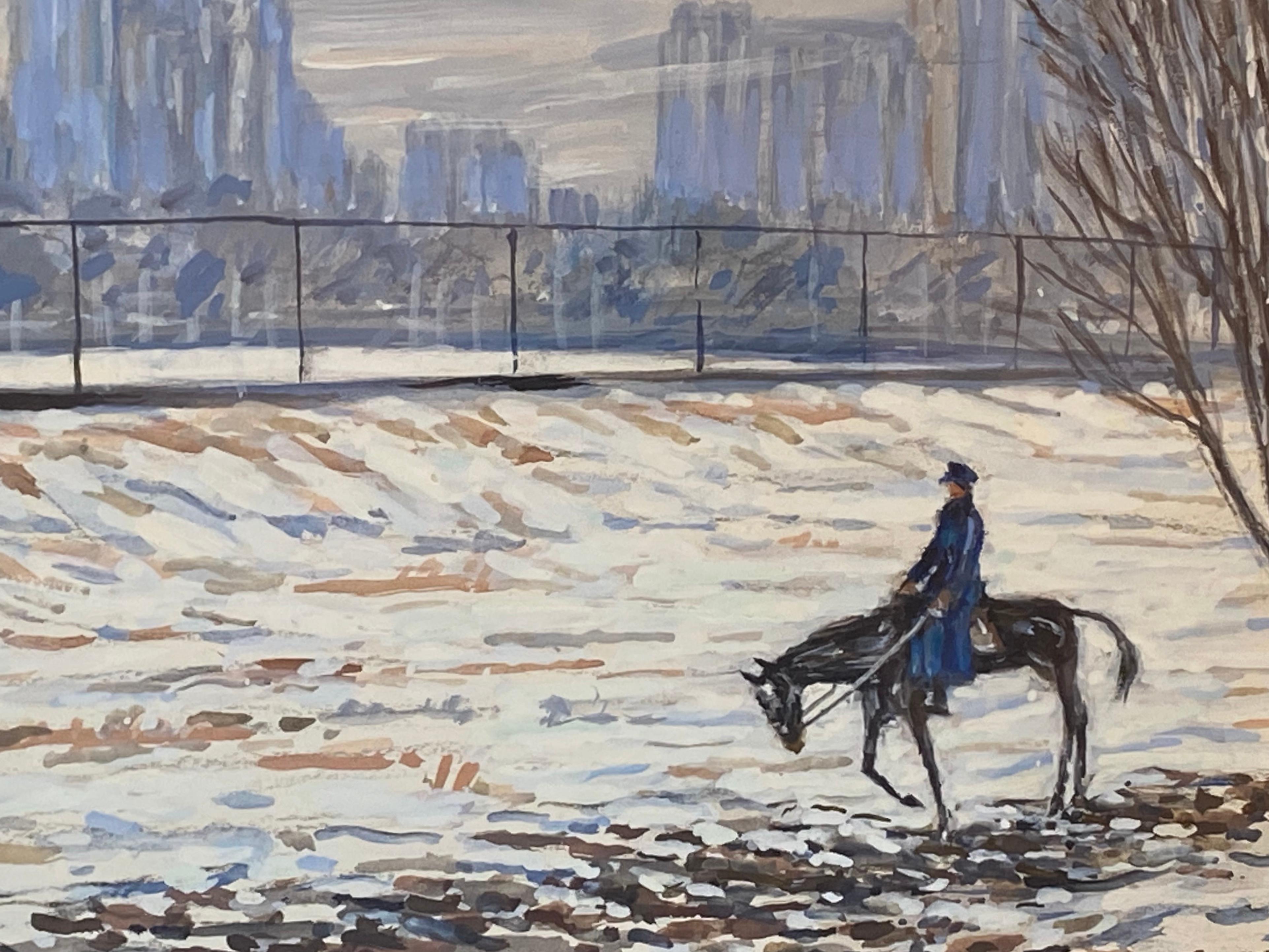 Horse and rider with joggers around the reservoir in Central Park, New York City attributed to Henry Ives Cobb Jr.  Unsigned; not examined out of frame.  Condition is excellent.  Watercolor and gouache on archival paper.  Under glass. Circa 1955. 