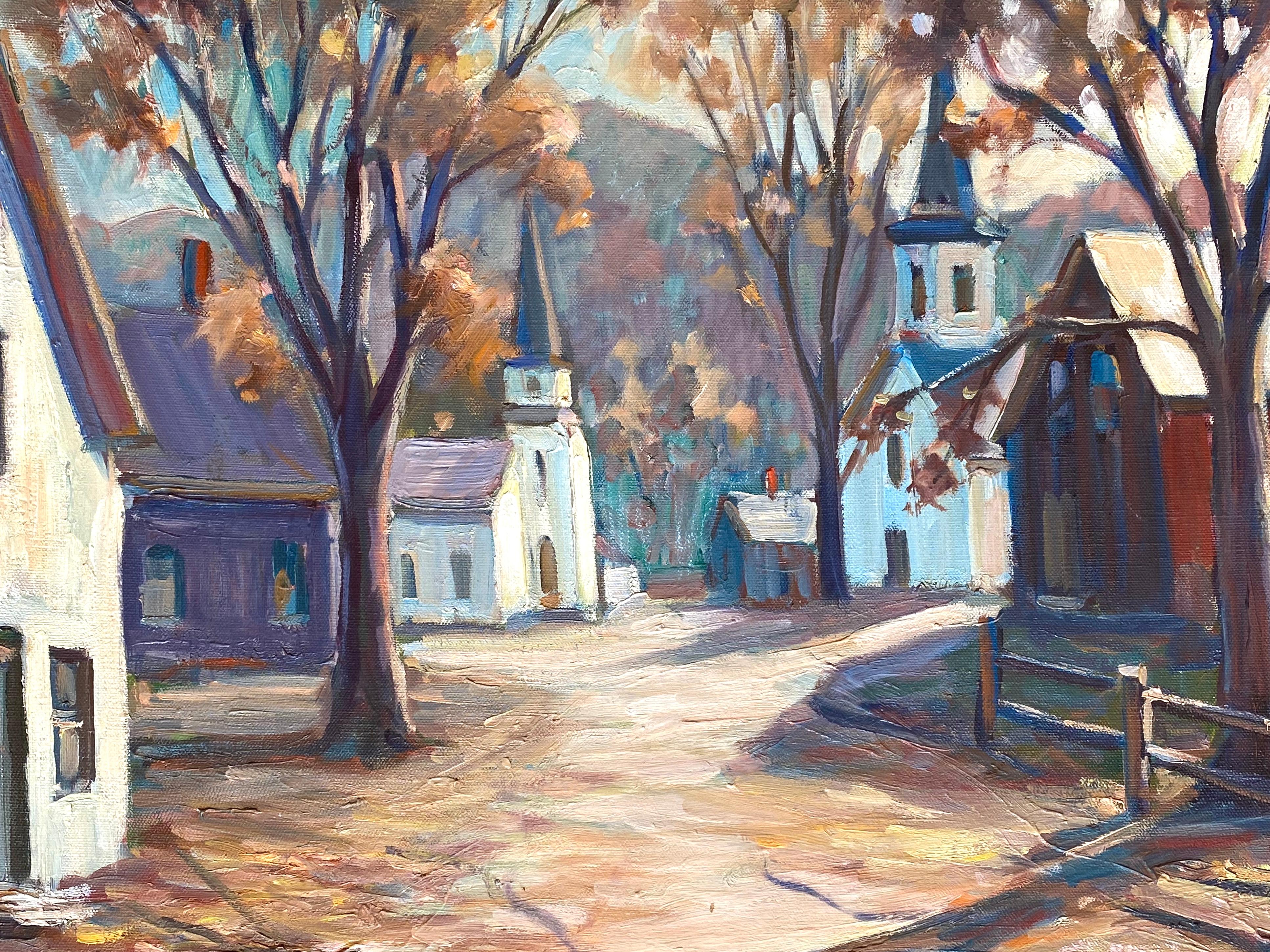 “Churches, New England” - Post-Impressionist Painting by Lester E. Chadbourne